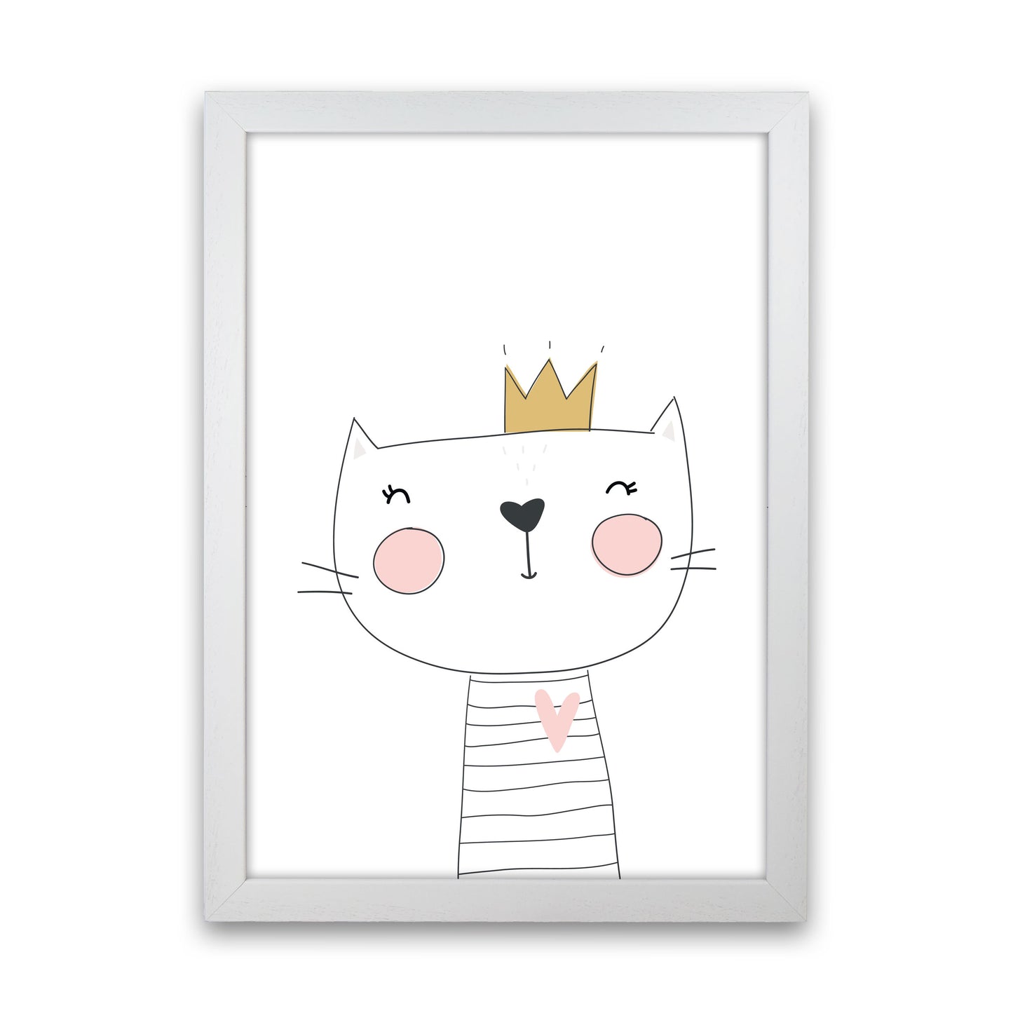 Scandi Cute Cat With Crown Framed Nursey Wall Art Print White Grain
