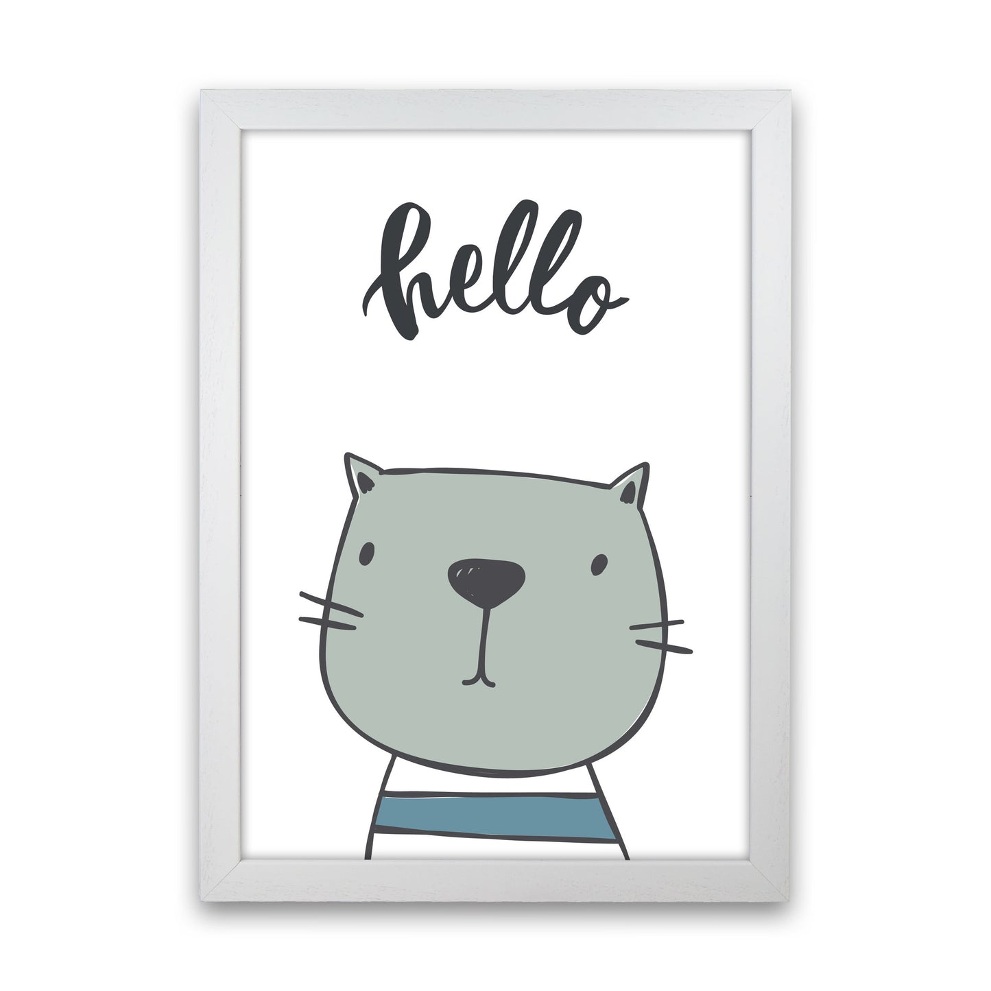 Hello Cat Modern Print Animal Art Print White Grain