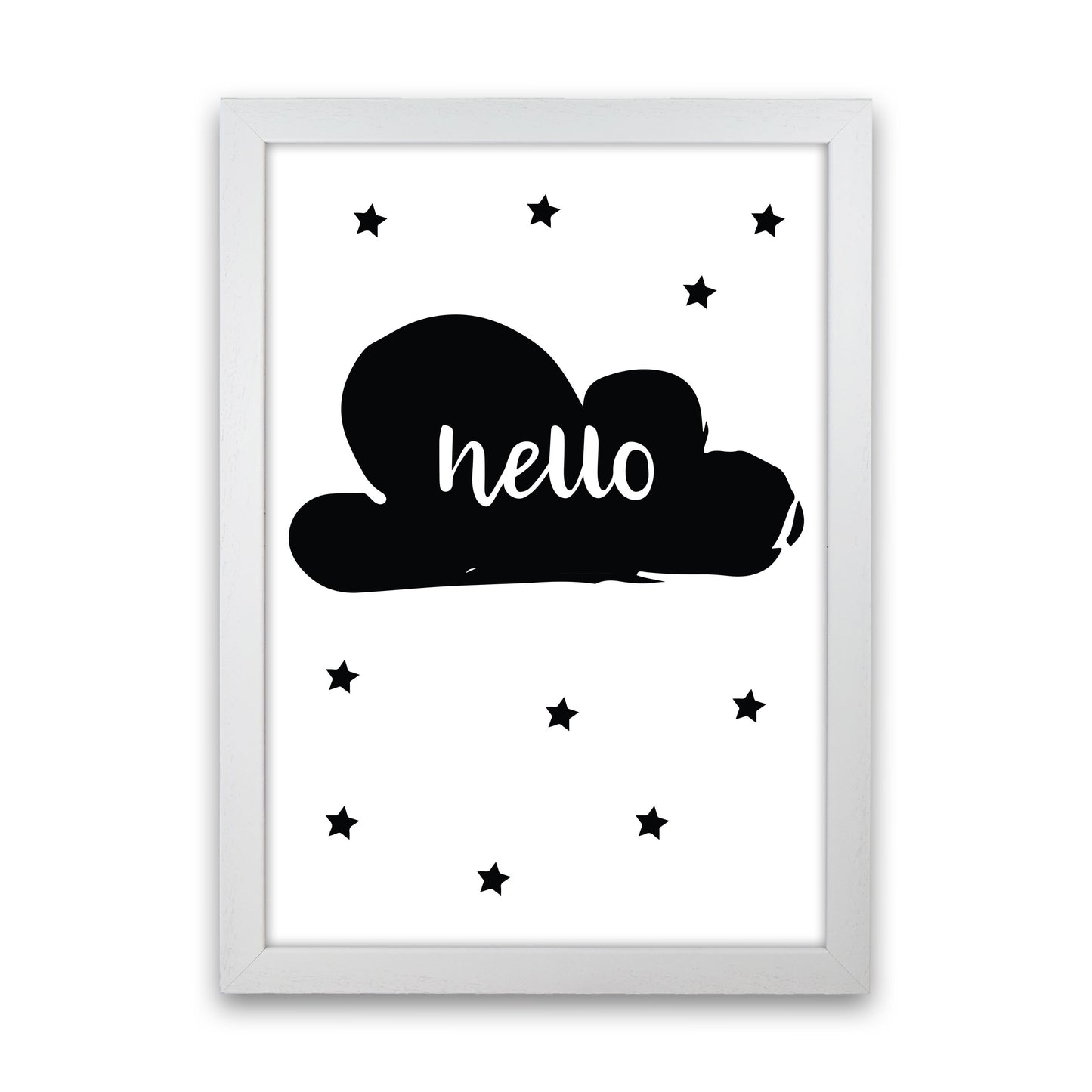 Hello Cloud Black Framed Nursey Wall Art Print White Grain