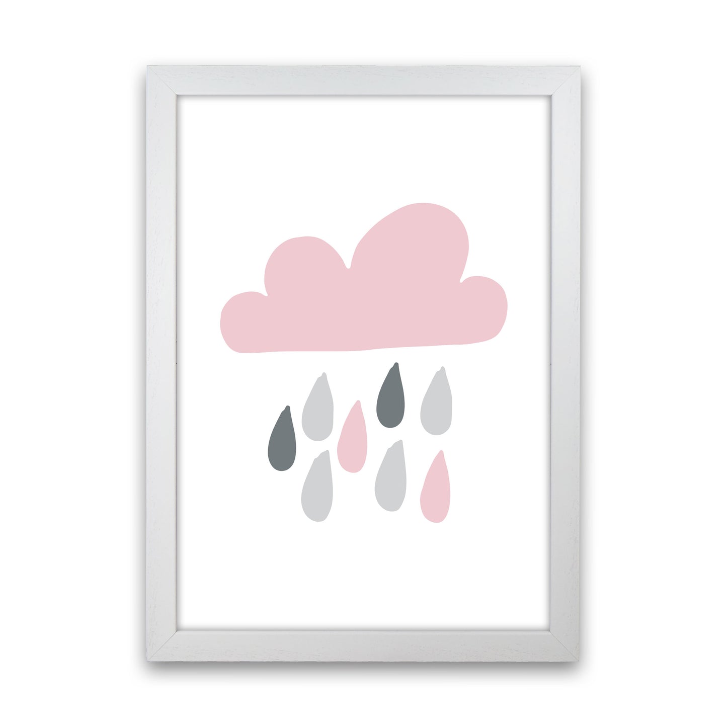 Pink And Grey Rain Cloud Framed Nursey Wall Art Print White Grain