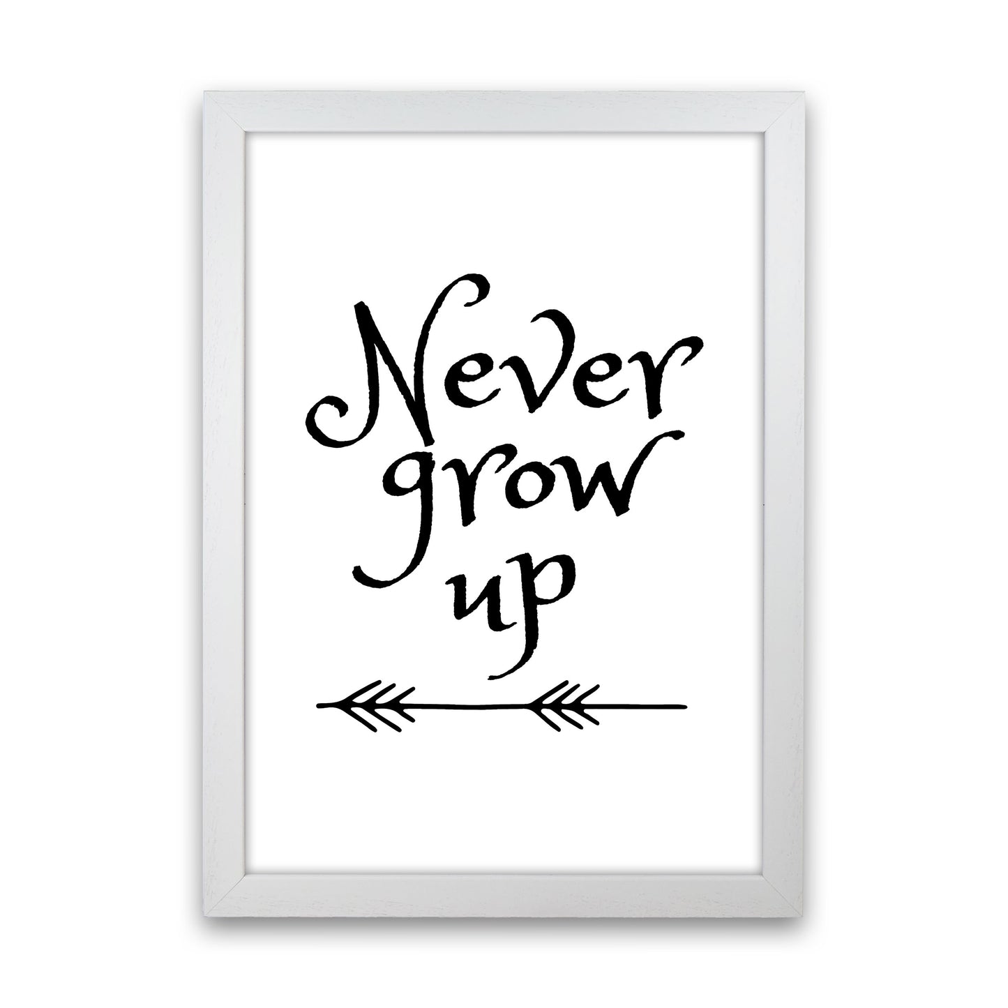 Never Grow Up Black Framed Nursey Wall Art Print White Grain