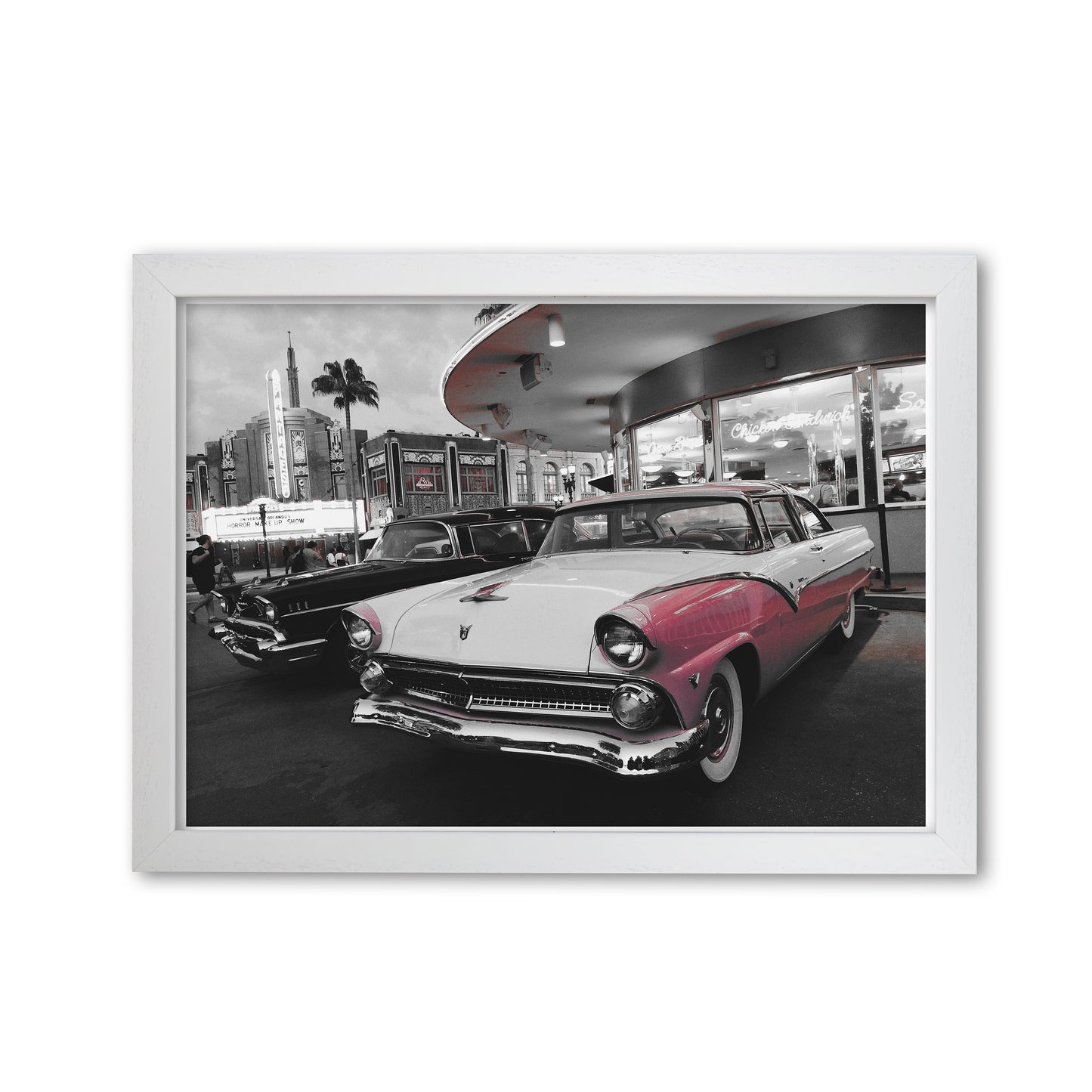 Vintage Pink And White Car Modern Print White Grain