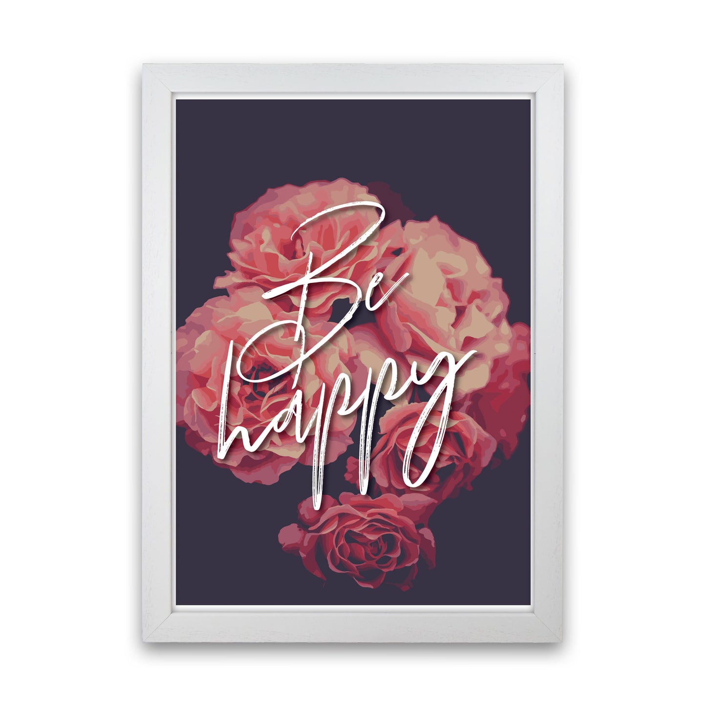 Be Happy Floral Modern Print, Framed Botanical & Nature Art Print White Grain