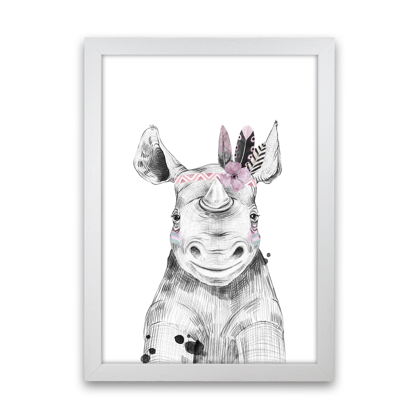 Safari Babies Rhino With Head Feathers Art Print by Pixy Paper White Grain
