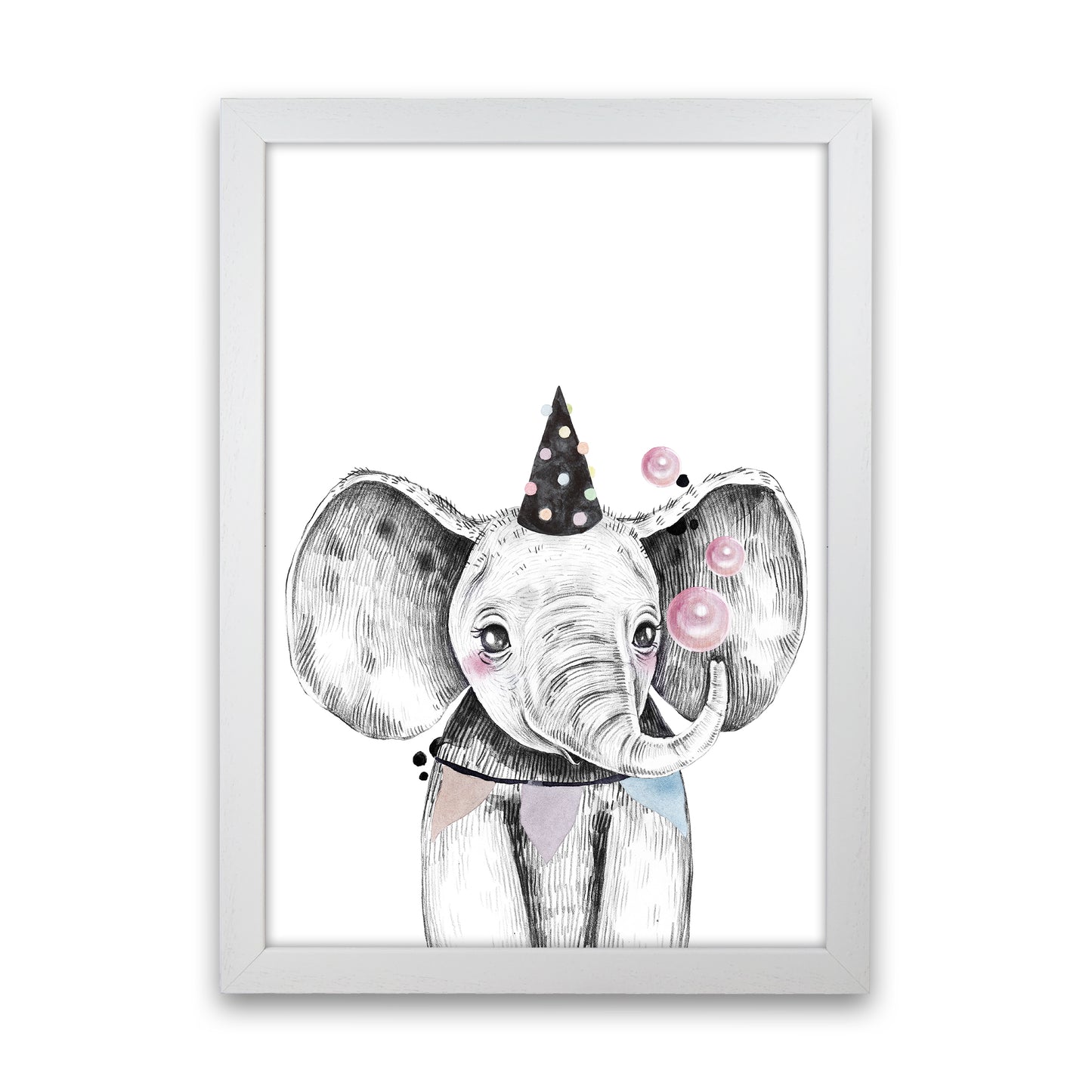 Safari Babies Elephant With Party Hat Art Print by Pixy Paper White Grain