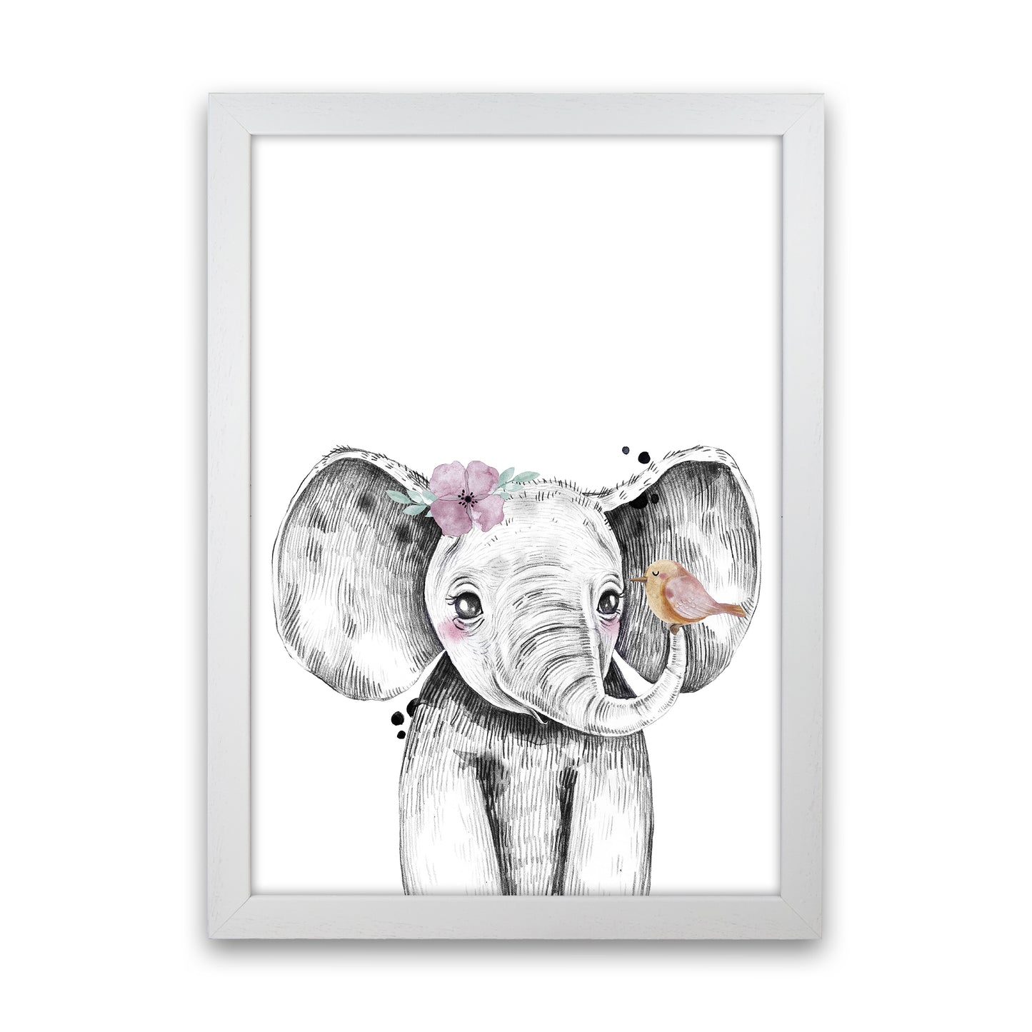 Safari Babies Elephant With Flower Art Print by Pixy Paper White Grain
