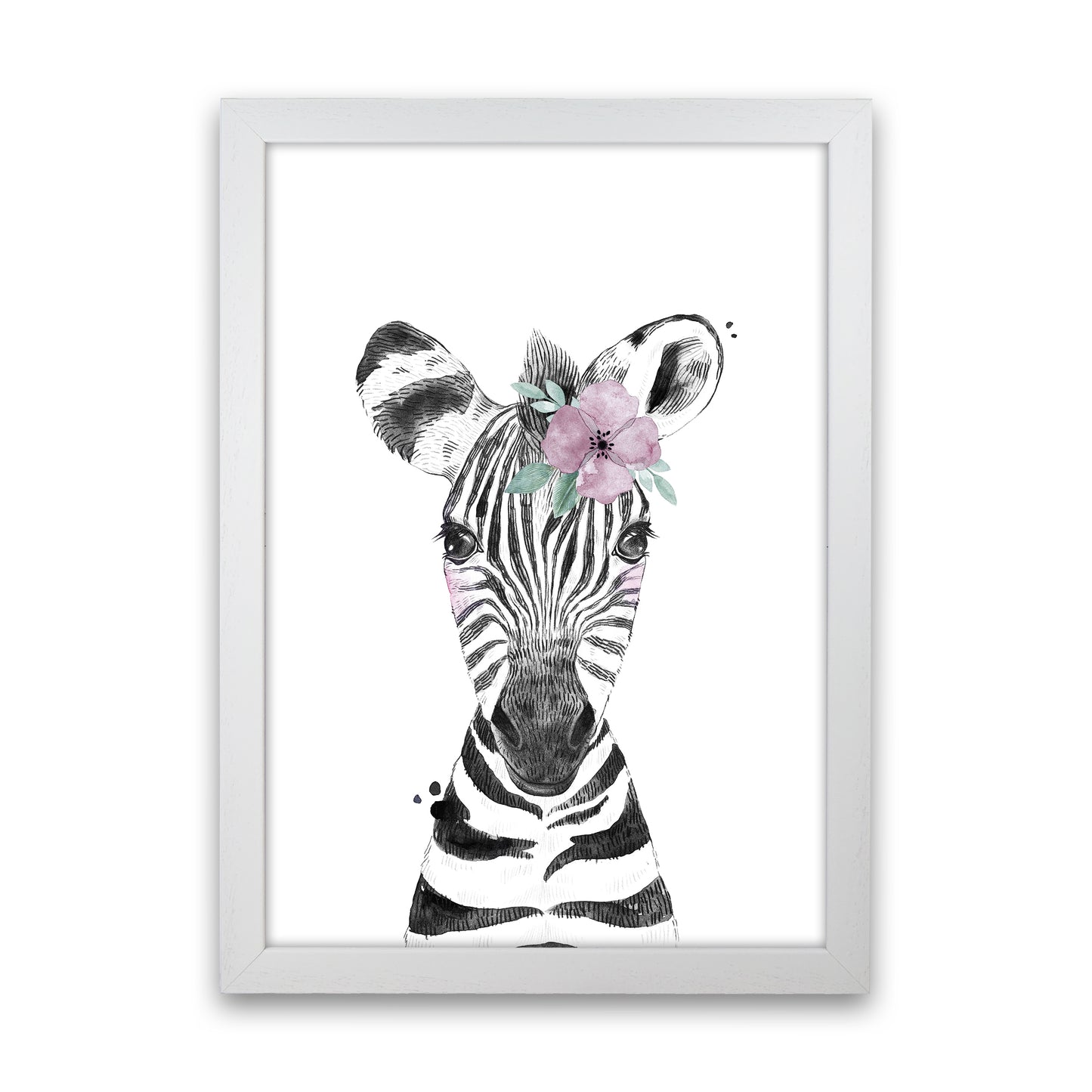 Safari Babies Zebra With Flower Art Print by Pixy Paper White Grain
