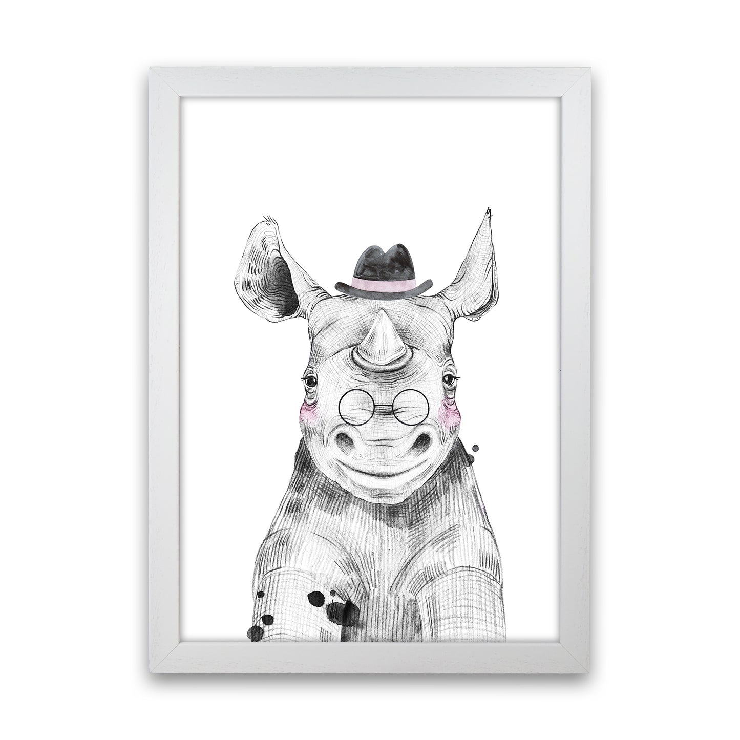 Safari Babies Rhino With Hat Art Print by Pixy Paper White Grain