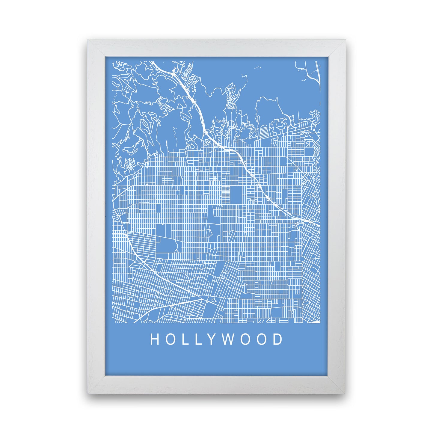 Hollywood Map Blueprint Art Print by Pixy Paper White Grain