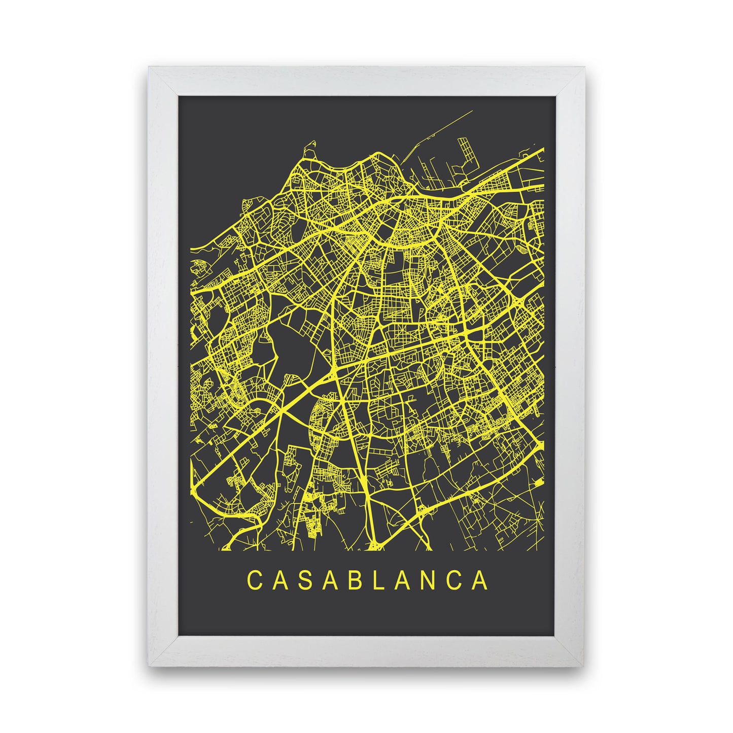 Casablanca Map Neon Art Print by Pixy Paper White Grain