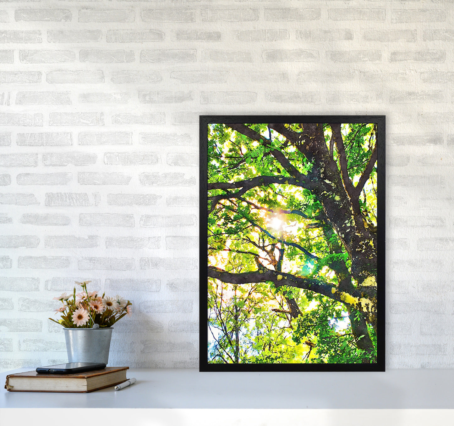 Sun through green leaves A2 White Frame
