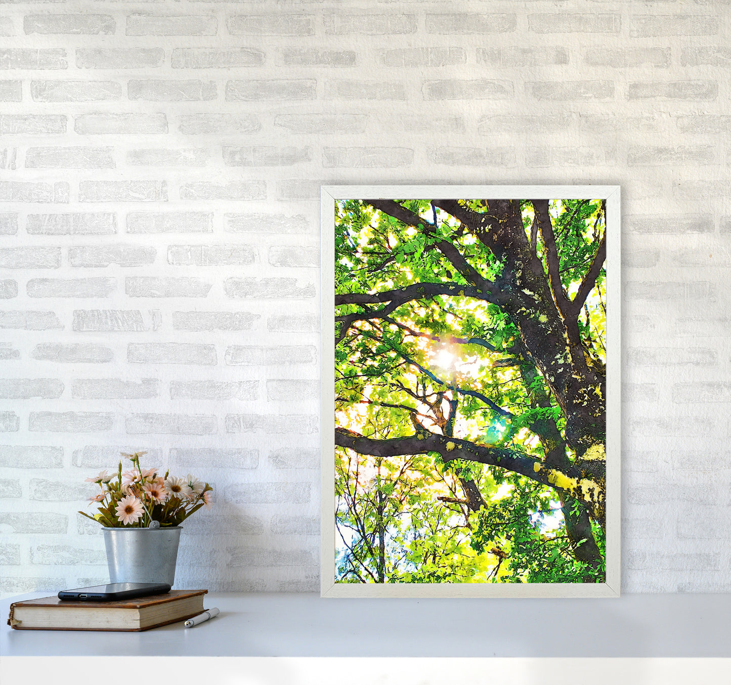 Sun through green leaves A2 Oak Frame