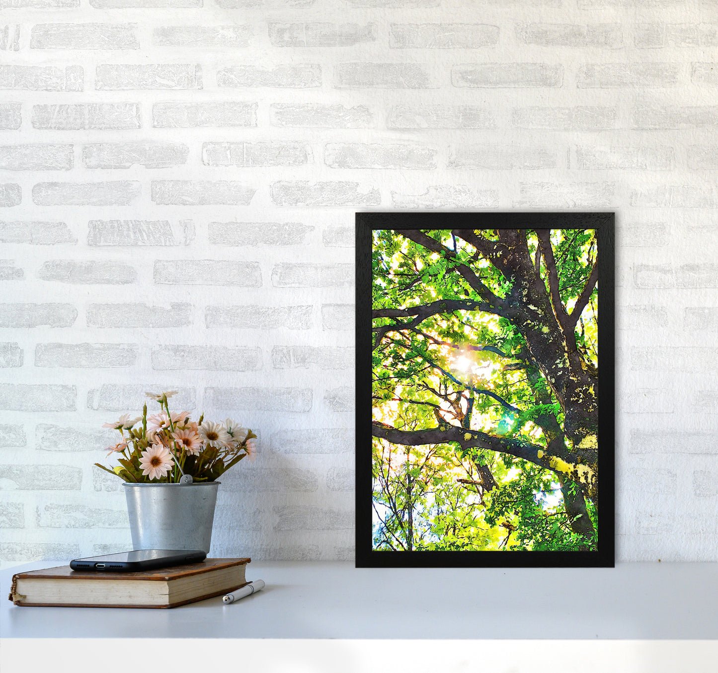 Sun through green leaves A3 White Frame