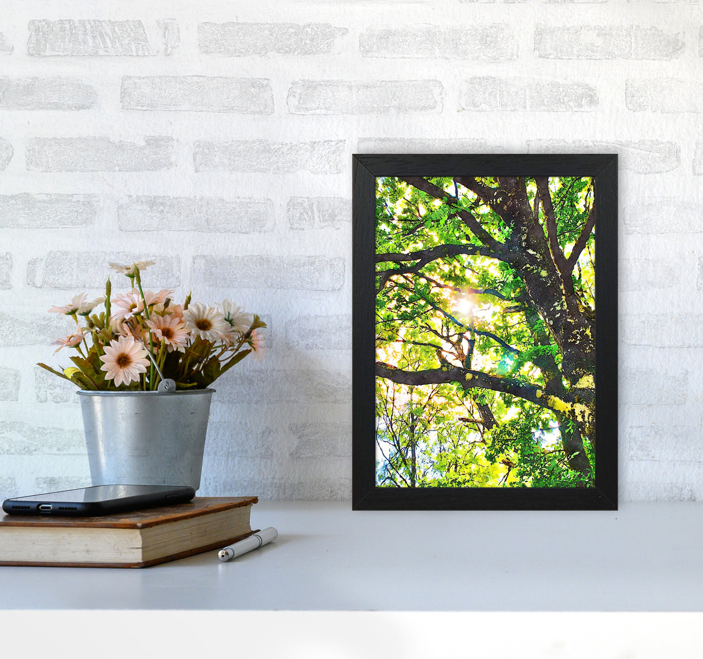 Sun through green leaves A4 White Frame