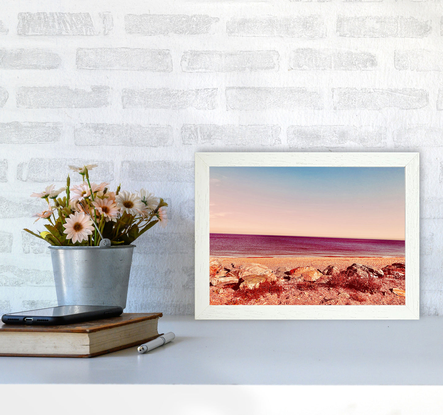 Pink beach Art Print by Proper Job Studio A4 Oak Frame