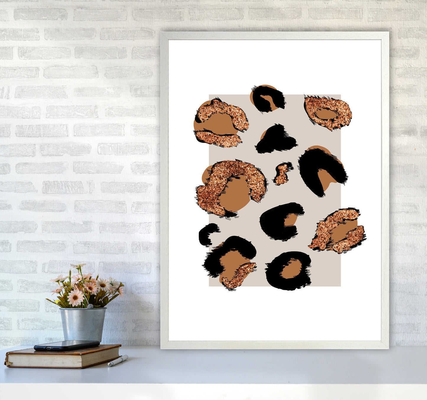 Big Leopard Neutral Rectangle Bronze Glitter By Planeta444 A1 Oak Frame