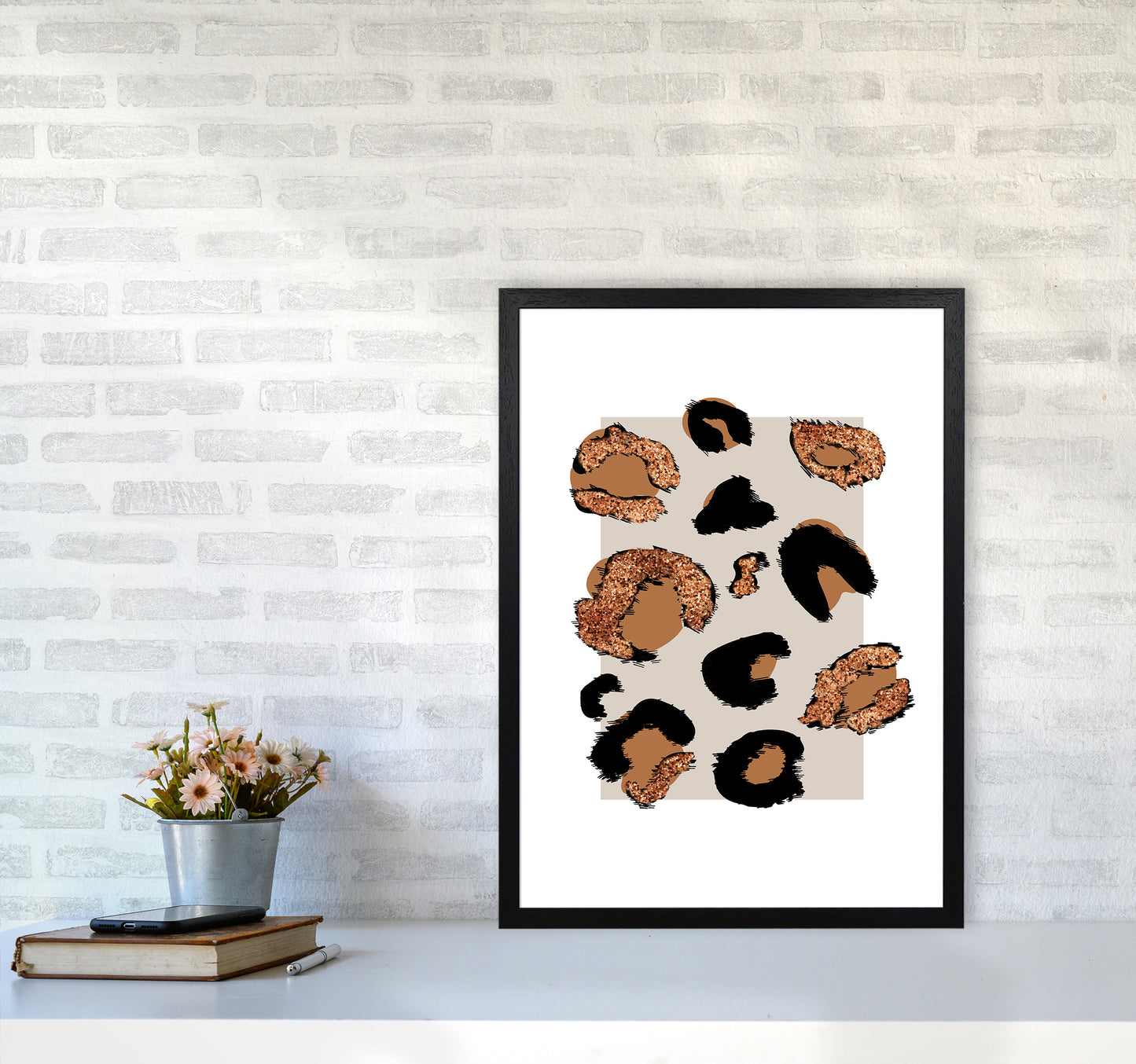 Big Leopard Neutral Rectangle Bronze Glitter By Planeta444 A2 White Frame