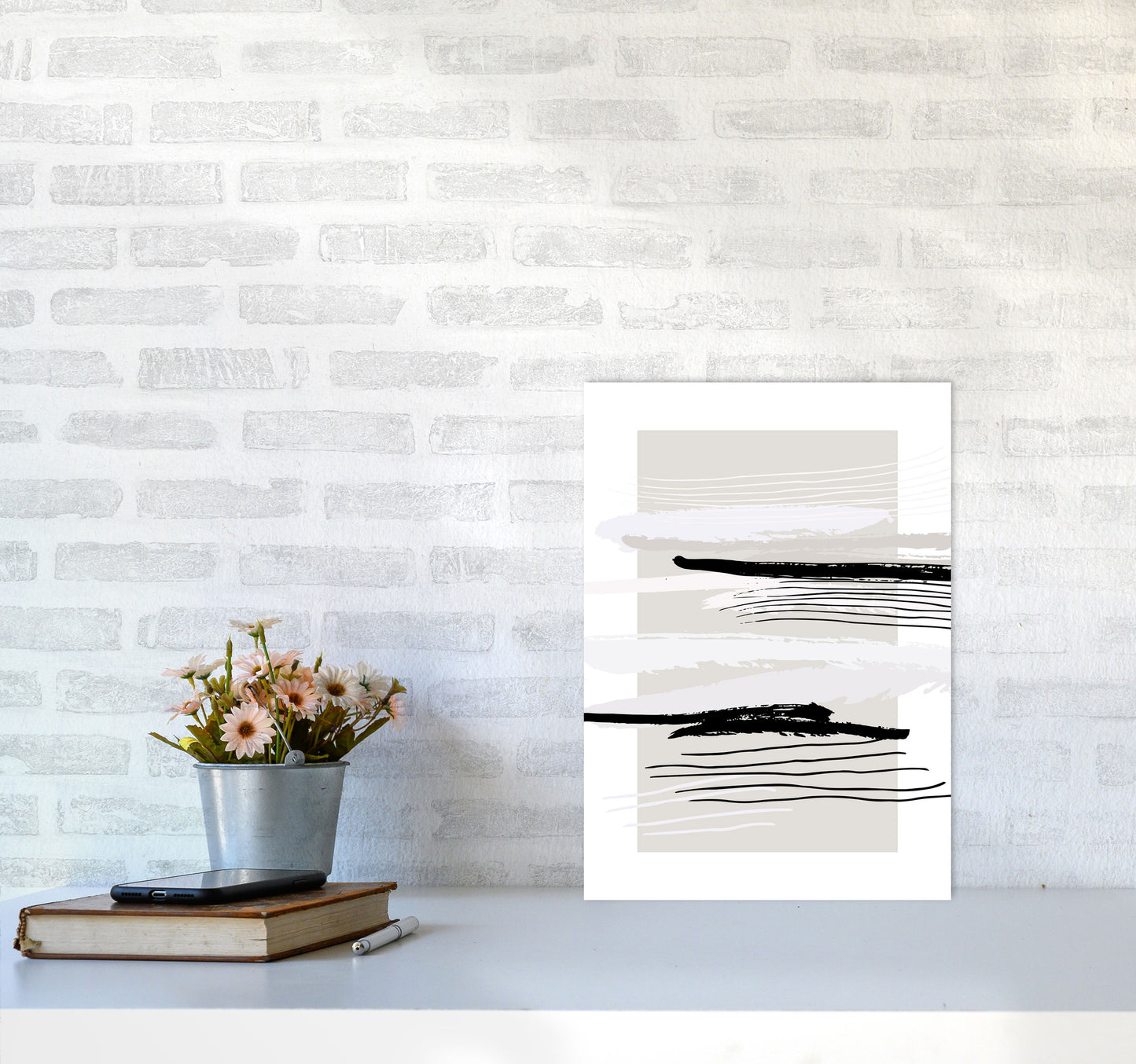 Abstracts Pennellate Linee Grey White Black By Planeta444 A3 Black Frame