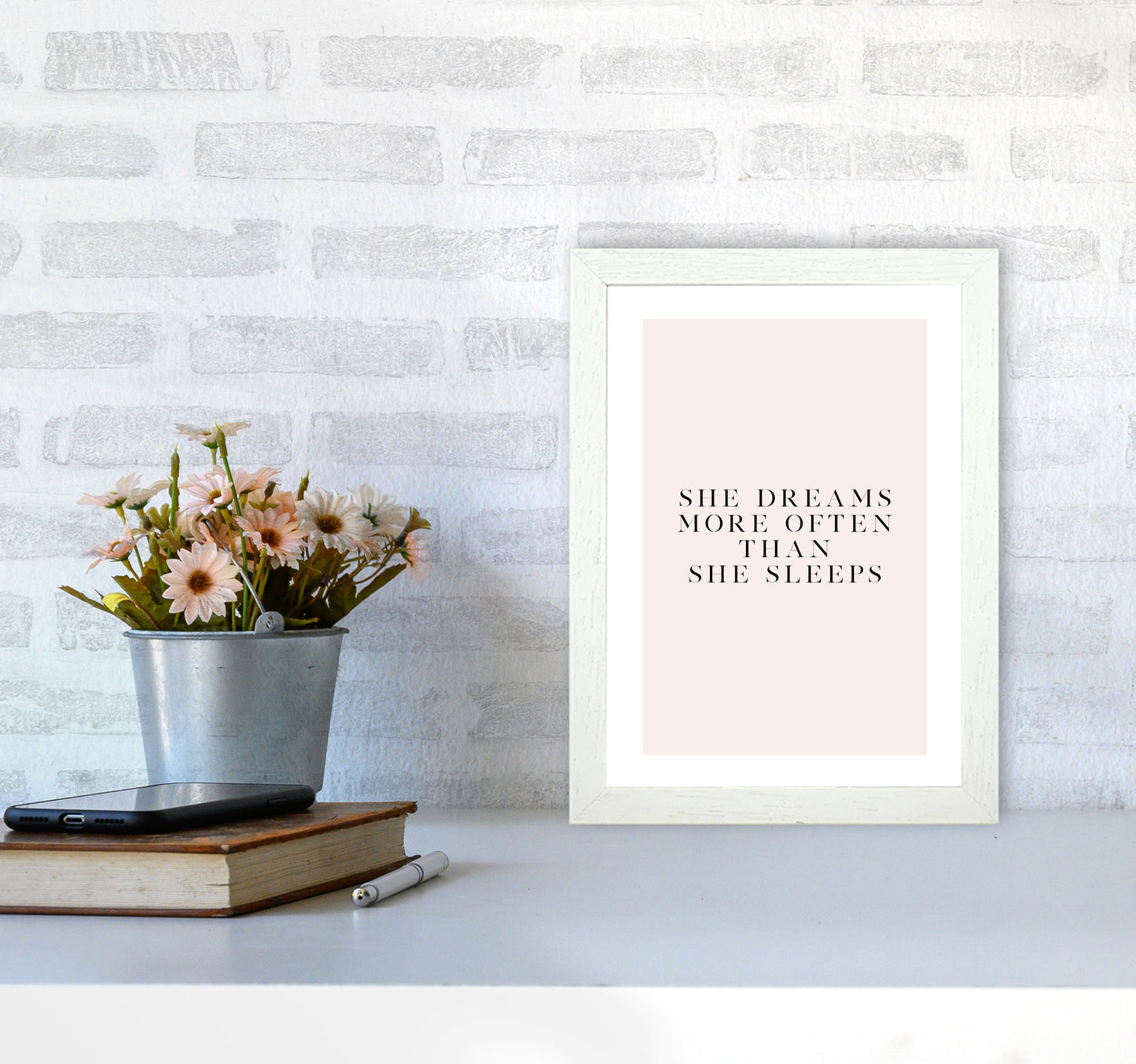 She Dreams More Often Than She Sleeps Blush Type By Planeta444 A4 Oak Frame