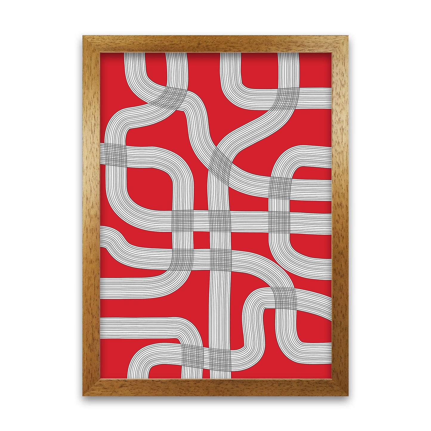 Red Black and White Abstract A1 Honey Oak Frame