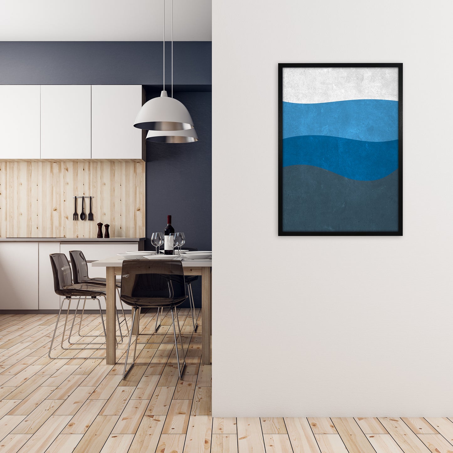 Abstract Blue Seascape Grunge A1 White Frame
