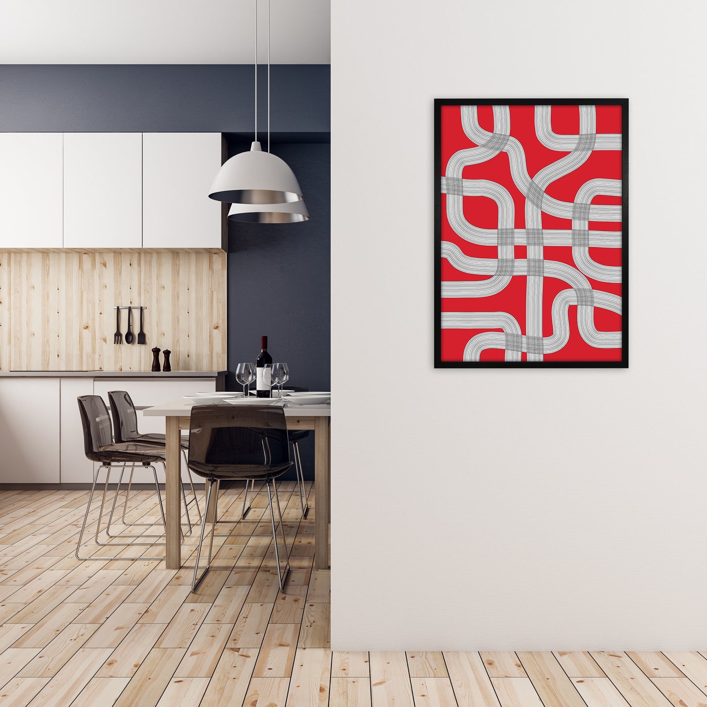 Red Black and White Abstract A1 White Frame