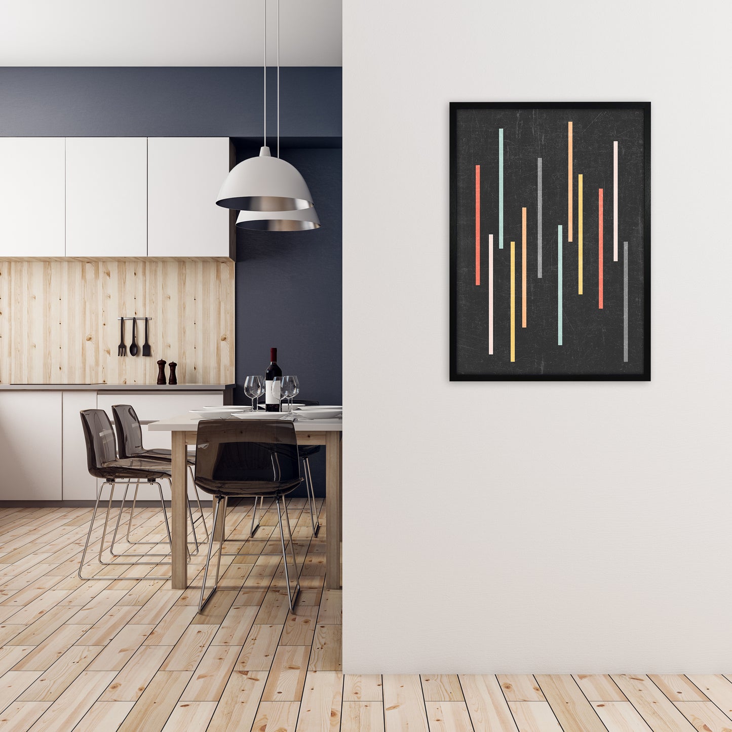 Colorful Lines on Black Grunge A1 White Frame