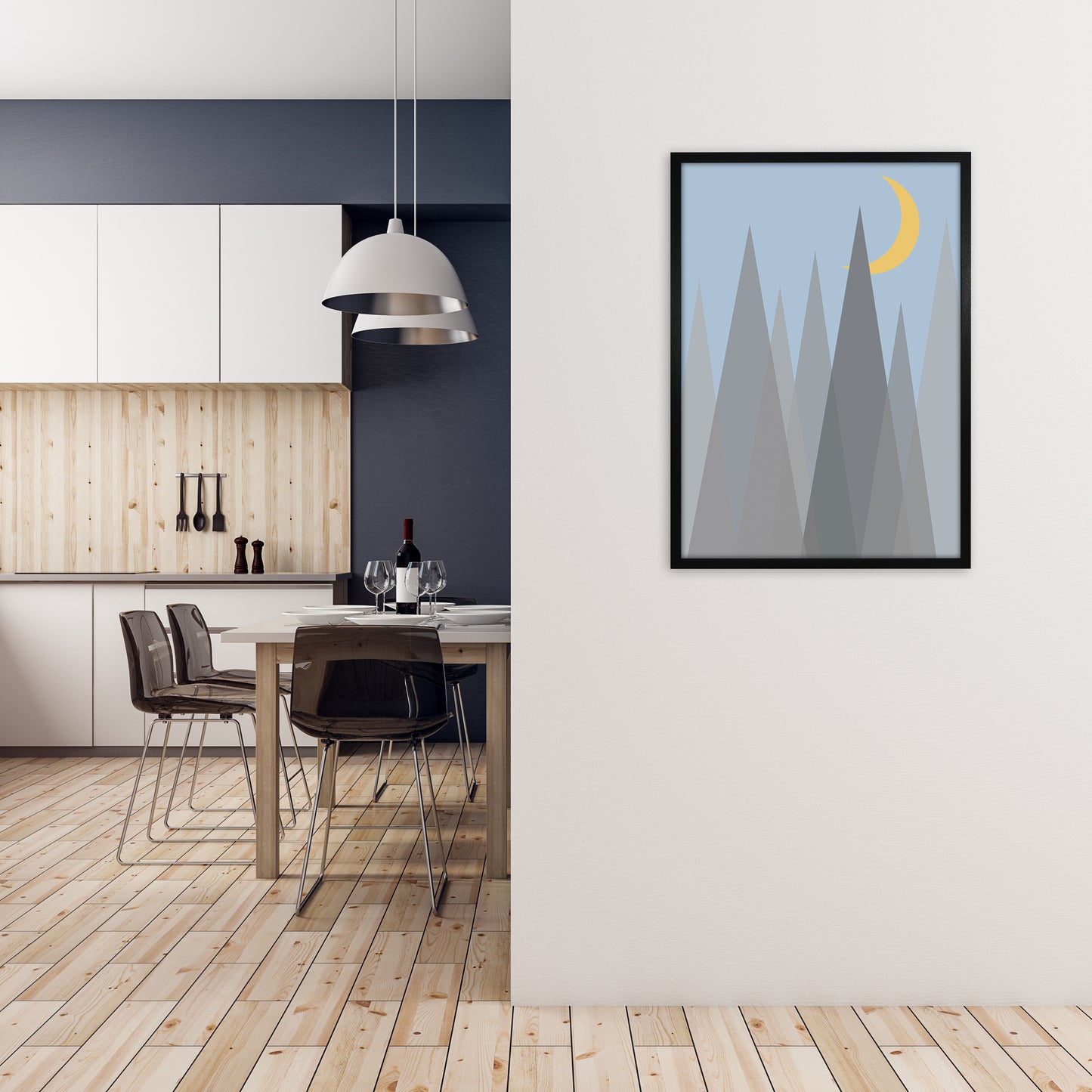 Day and Night Nursery Mid Century Modern Art Prints Night B A1 White Frame