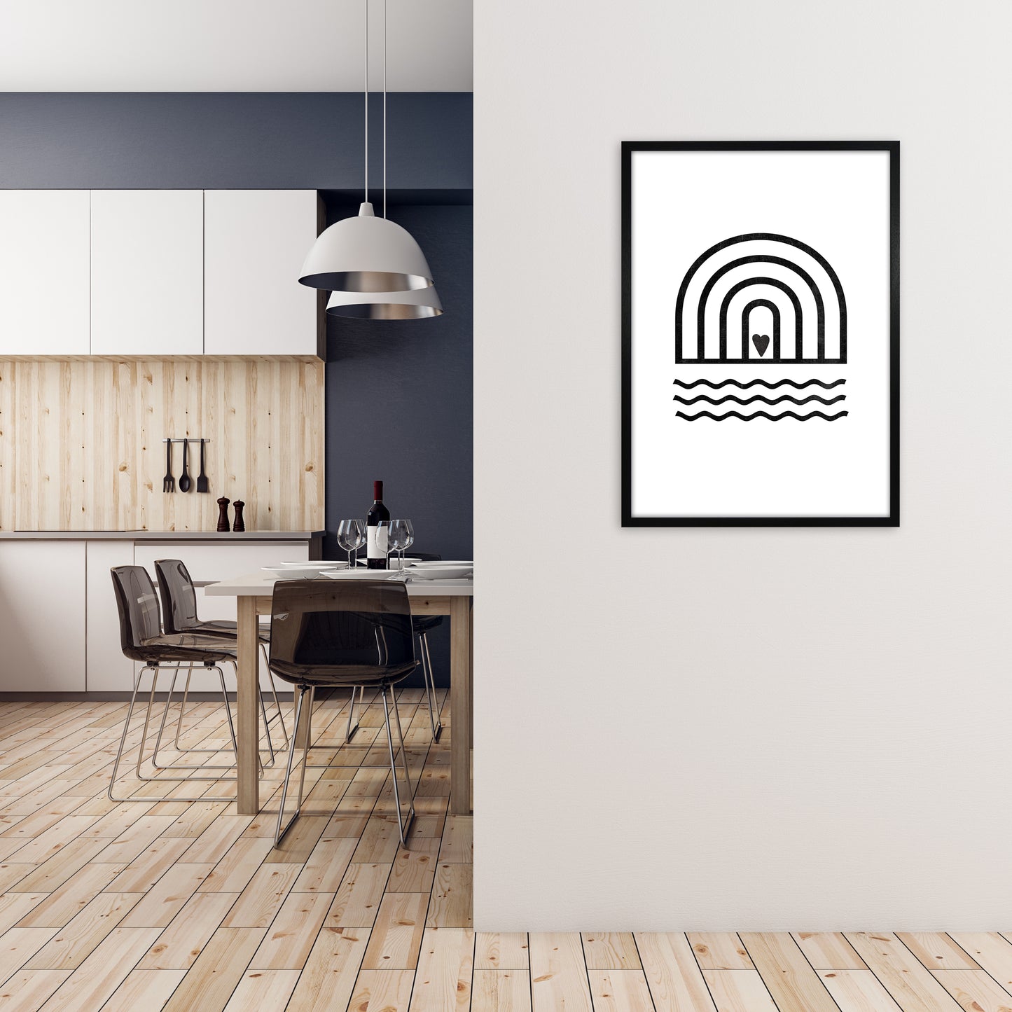 Rainbow Heart Waves BW Art A1 White Frame