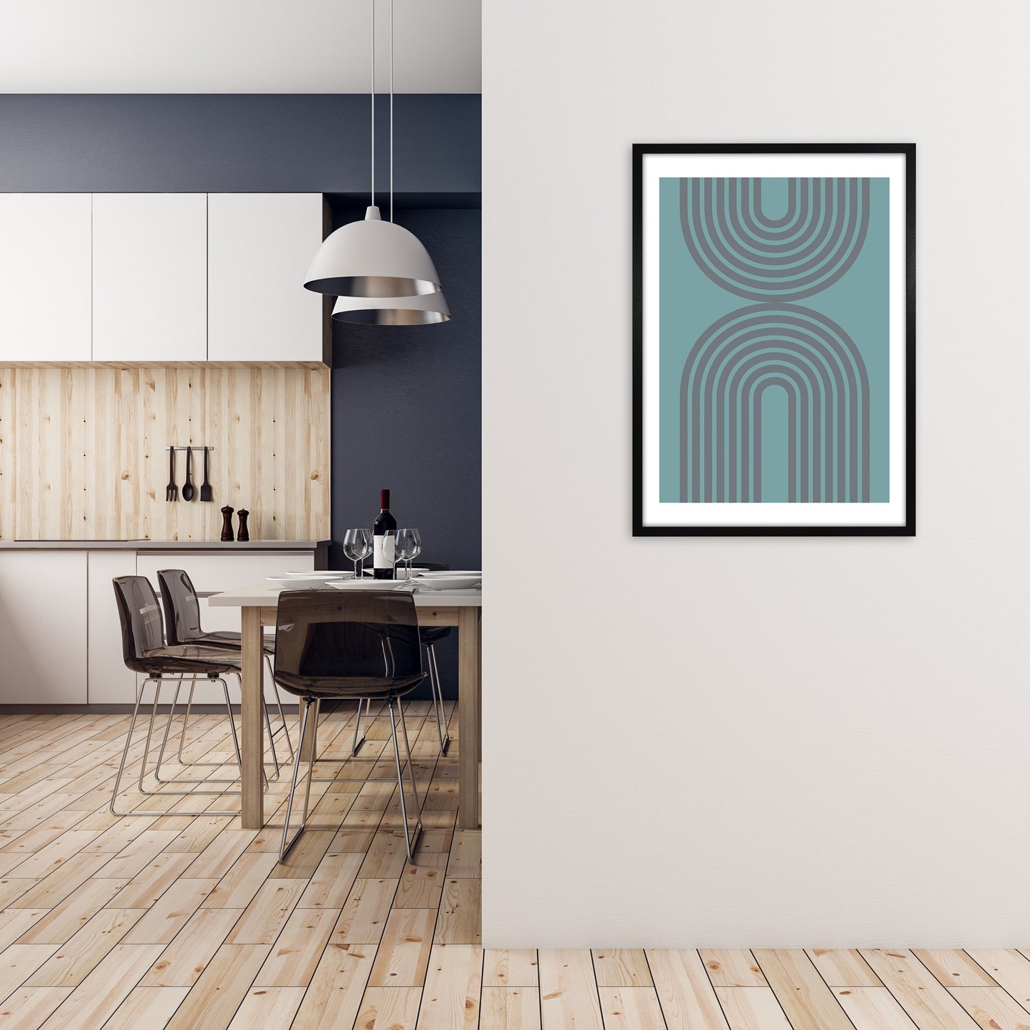 Grey and Blue Modern Rainbow A1 White Frame