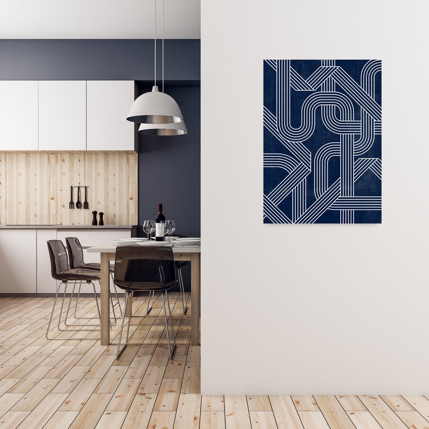 Blue Abstract Lines Wall Art A1 Black Frame