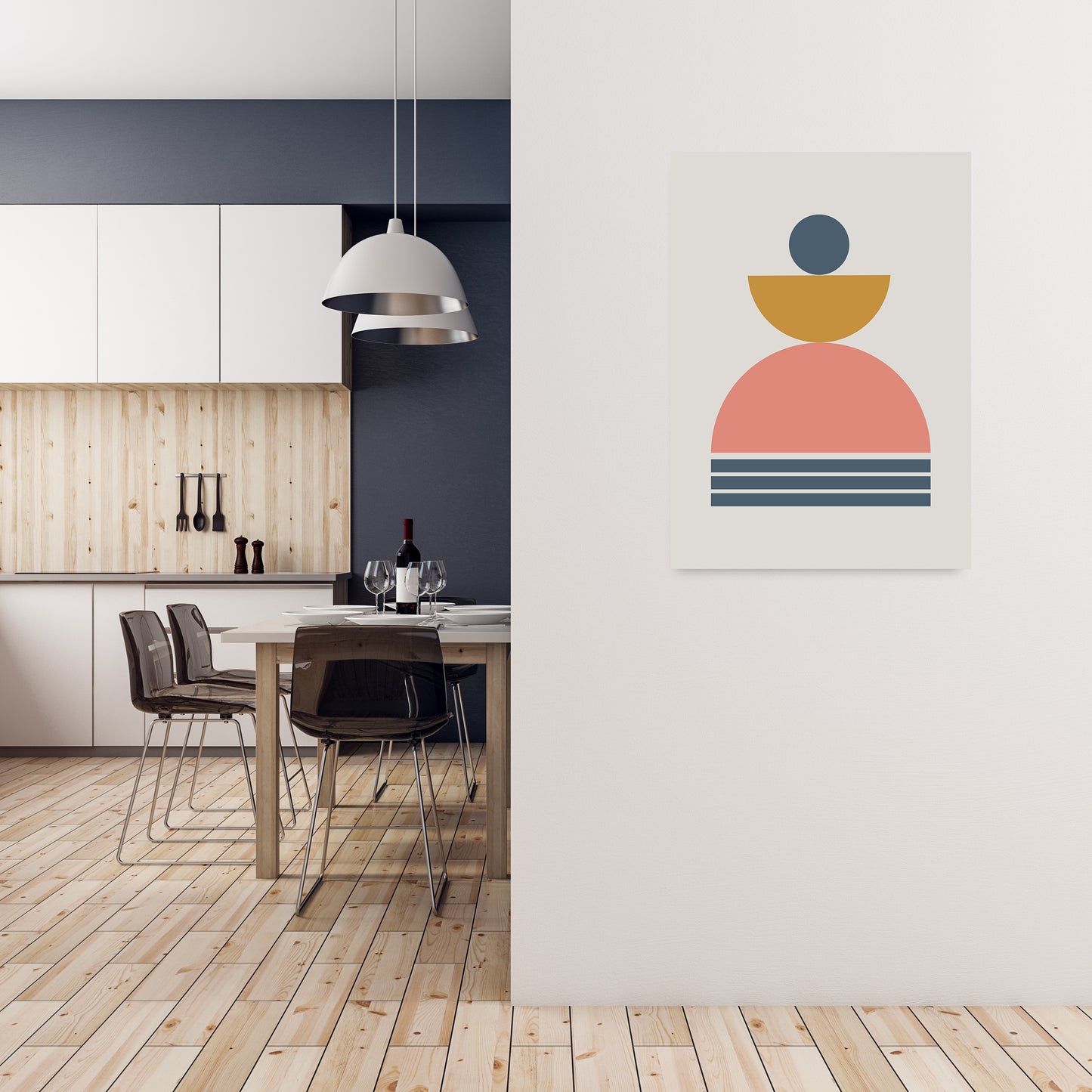 Mid Century Modern Prints on Grey C A1 Black Frame
