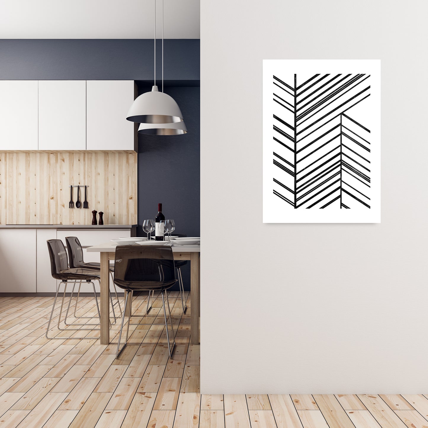 Black White Rough Line Print A1 Black Frame