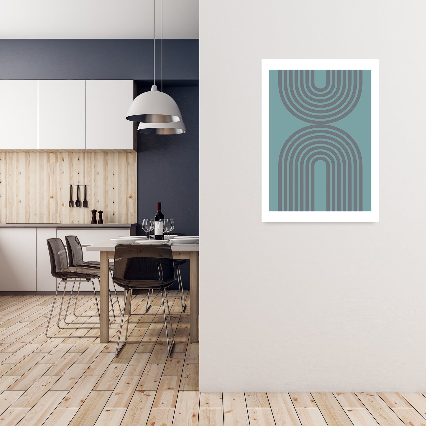Grey and Blue Modern Rainbow A1 Black Frame