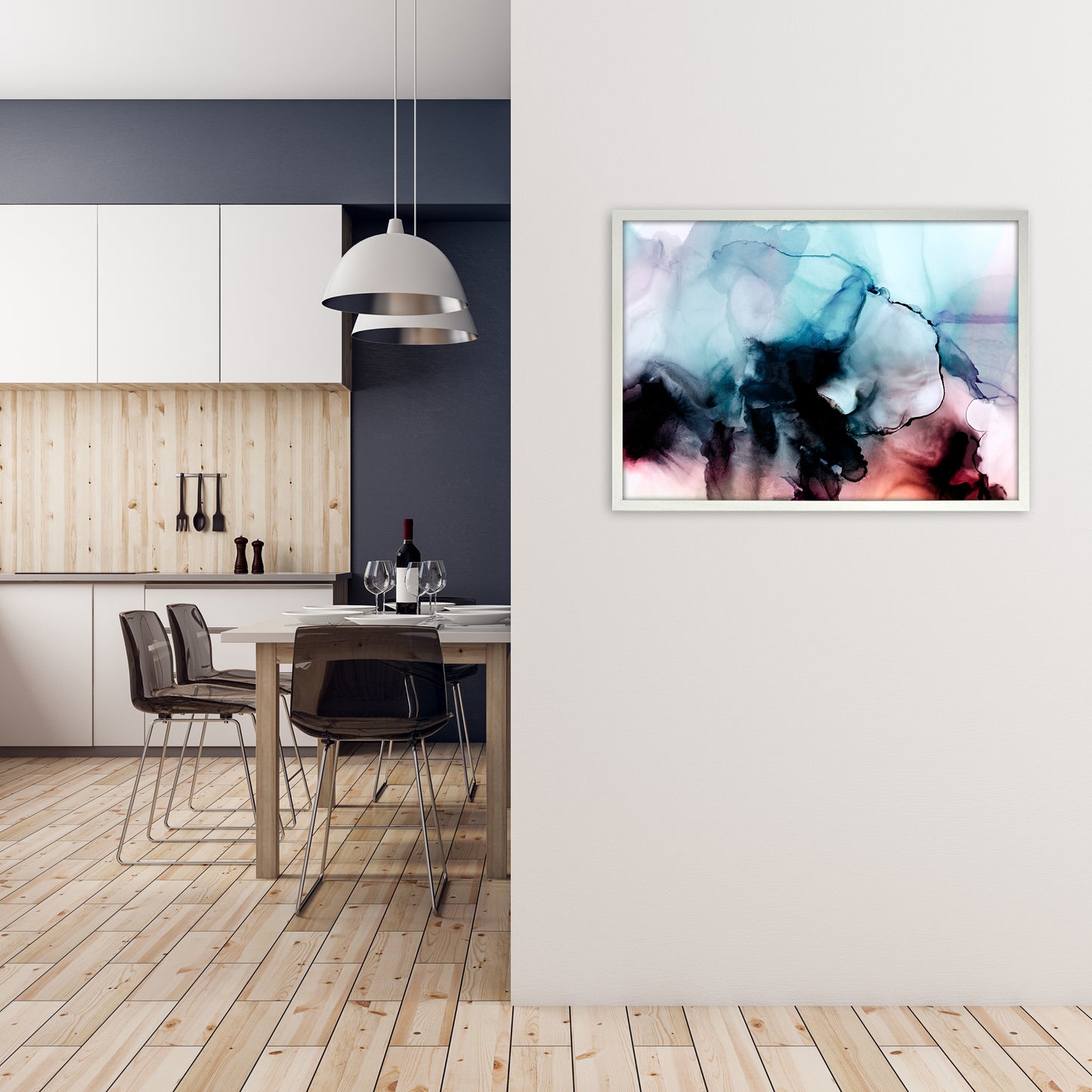 Abstract Watercolor Blue Pink Original A1 Oak Frame