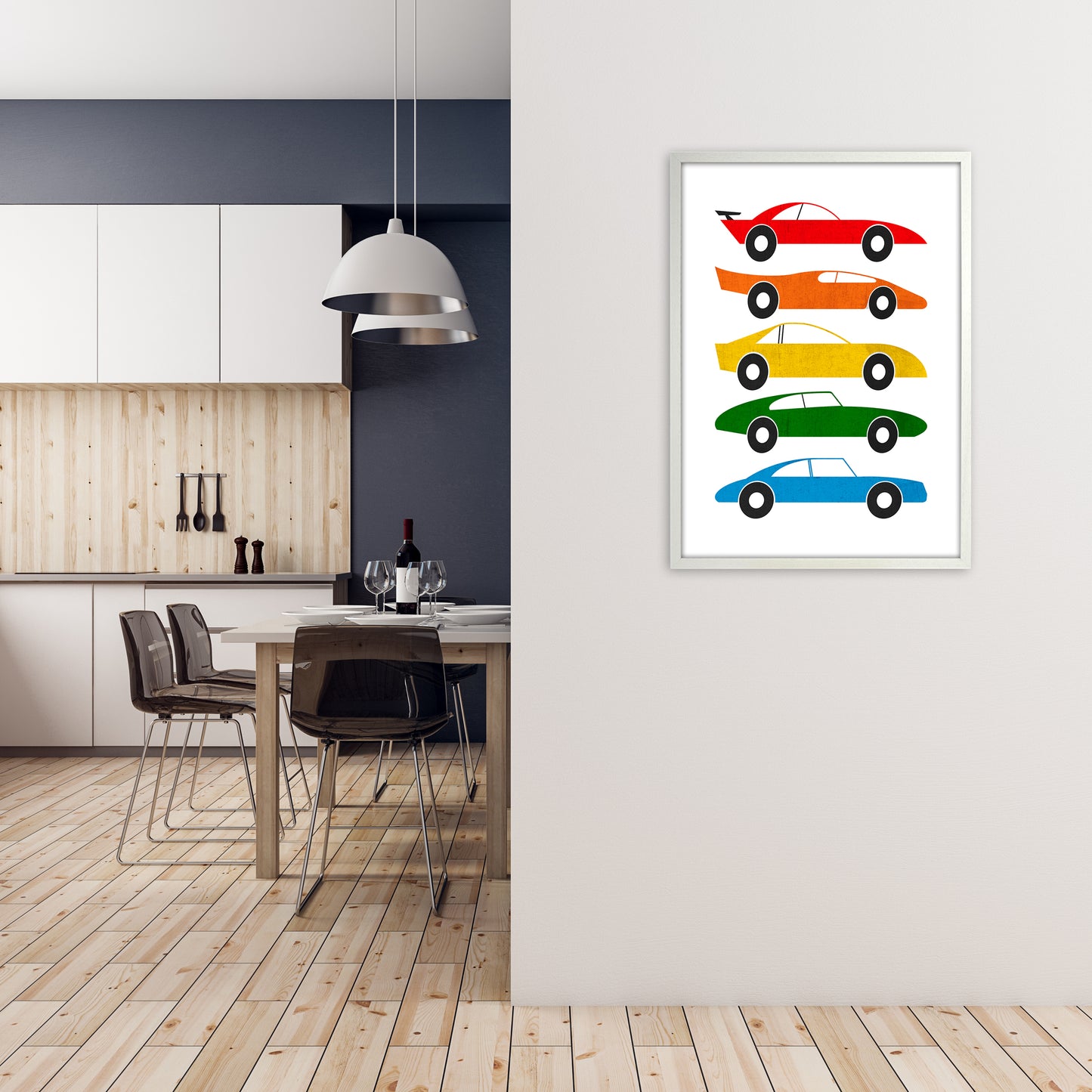 Mid Century Cars on White A1 Oak Frame