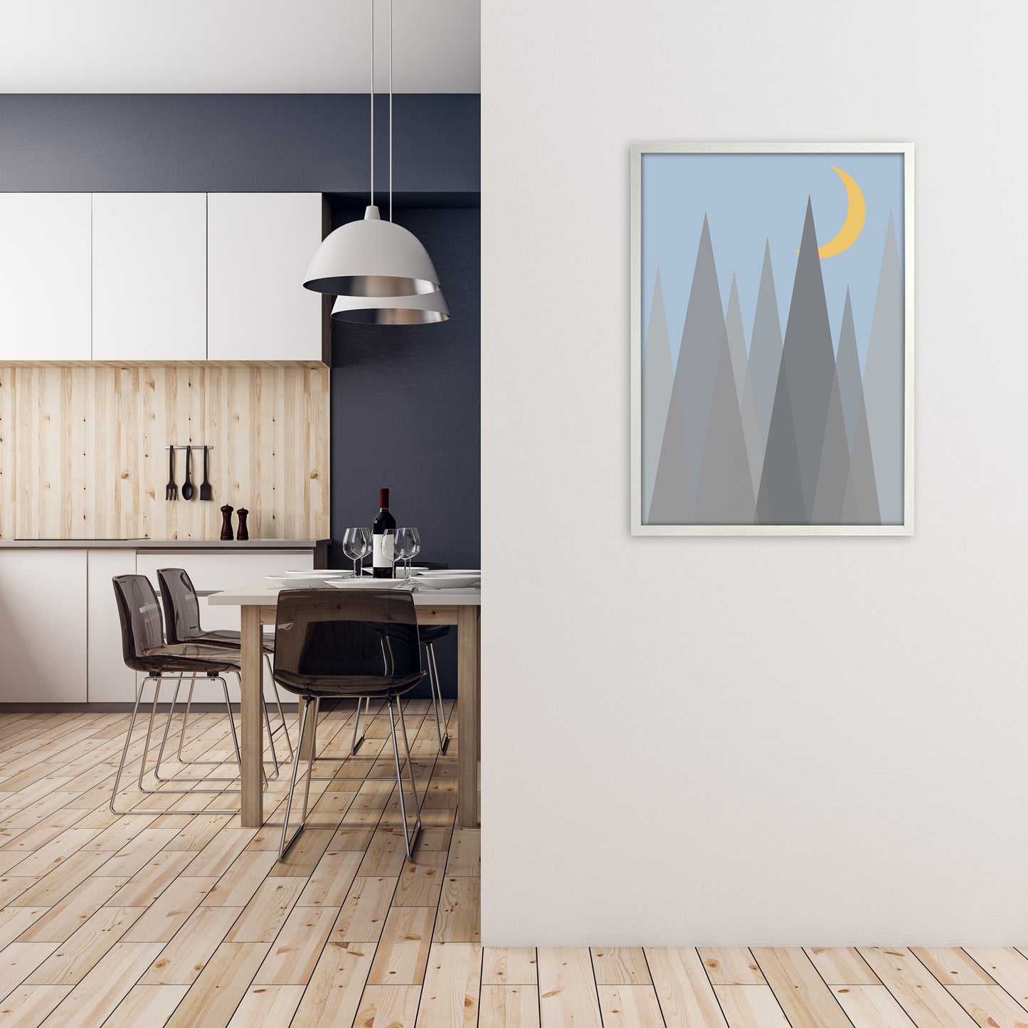 Day and Night Nursery Mid Century Modern Art Prints Night B A1 Oak Frame