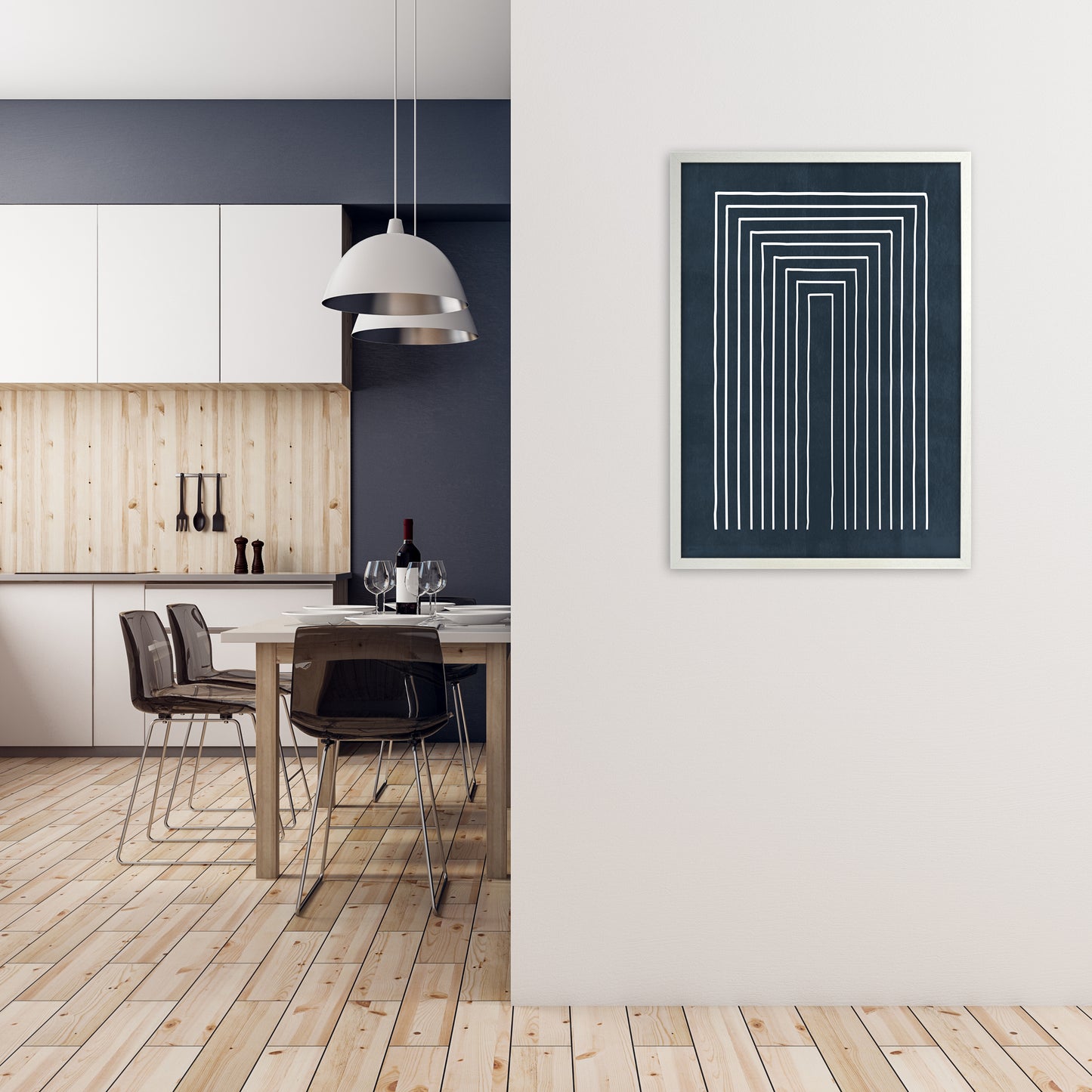 Lino Style Blue Geometric Lines A1 Oak Frame