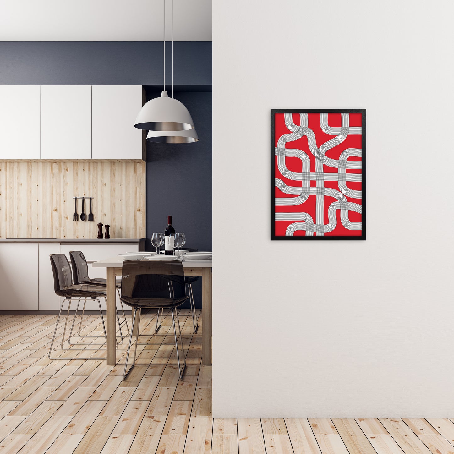 Red Black and White Abstract A2 White Frame