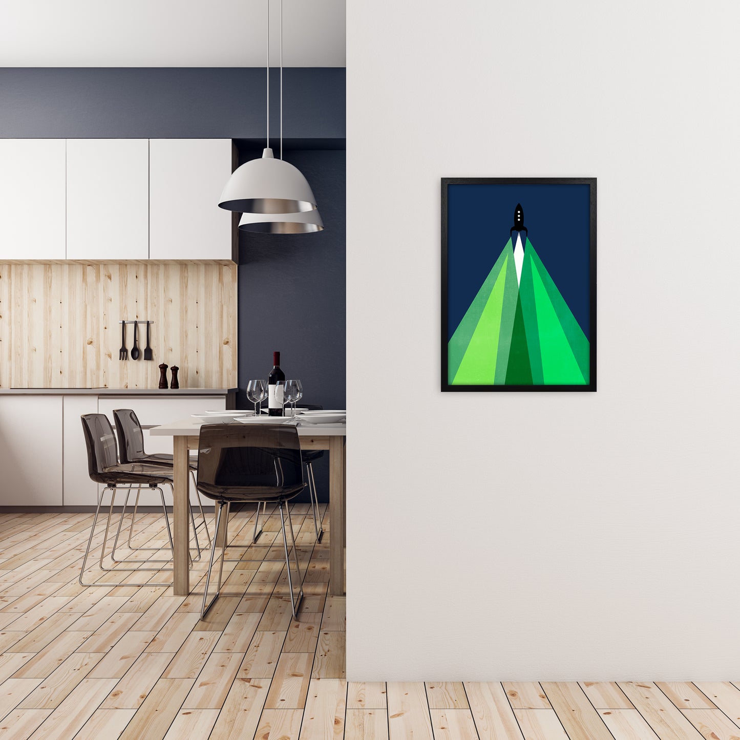 Green and Blue Kids Rocket A2 White Frame