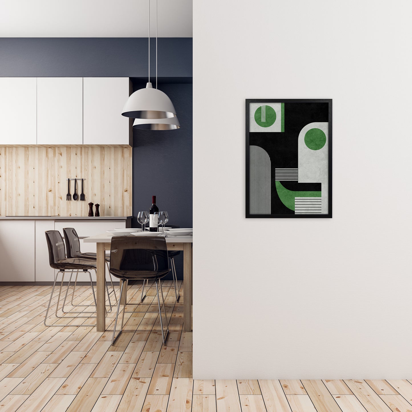 Mid Century Green Black Block Prints Set of 2 B A2 White Frame