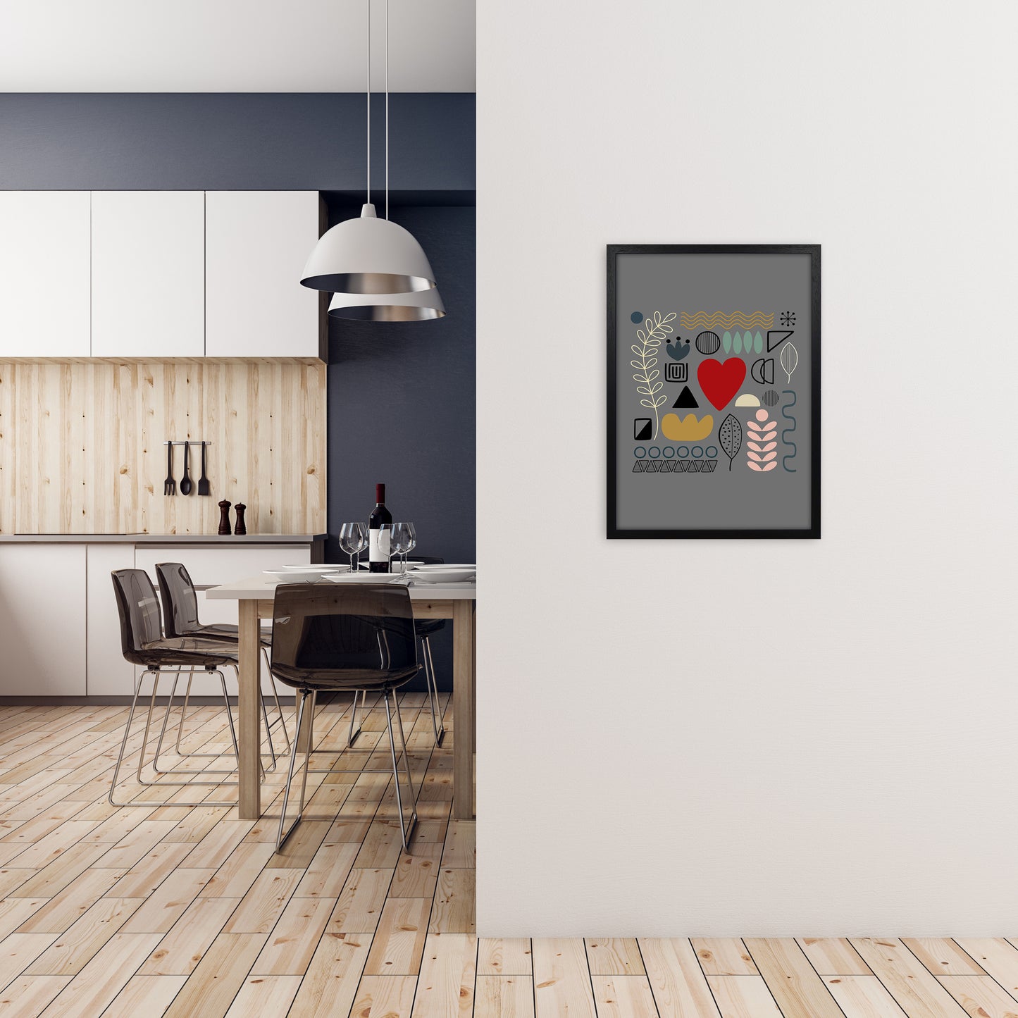 Scandnavian Shapes on Grey Original A2 White Frame