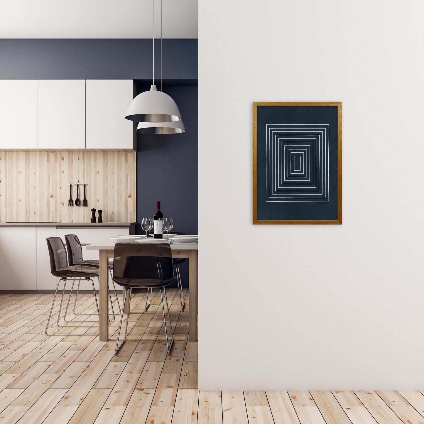 Lino Style Blue Geometric Squares A2 Print Only