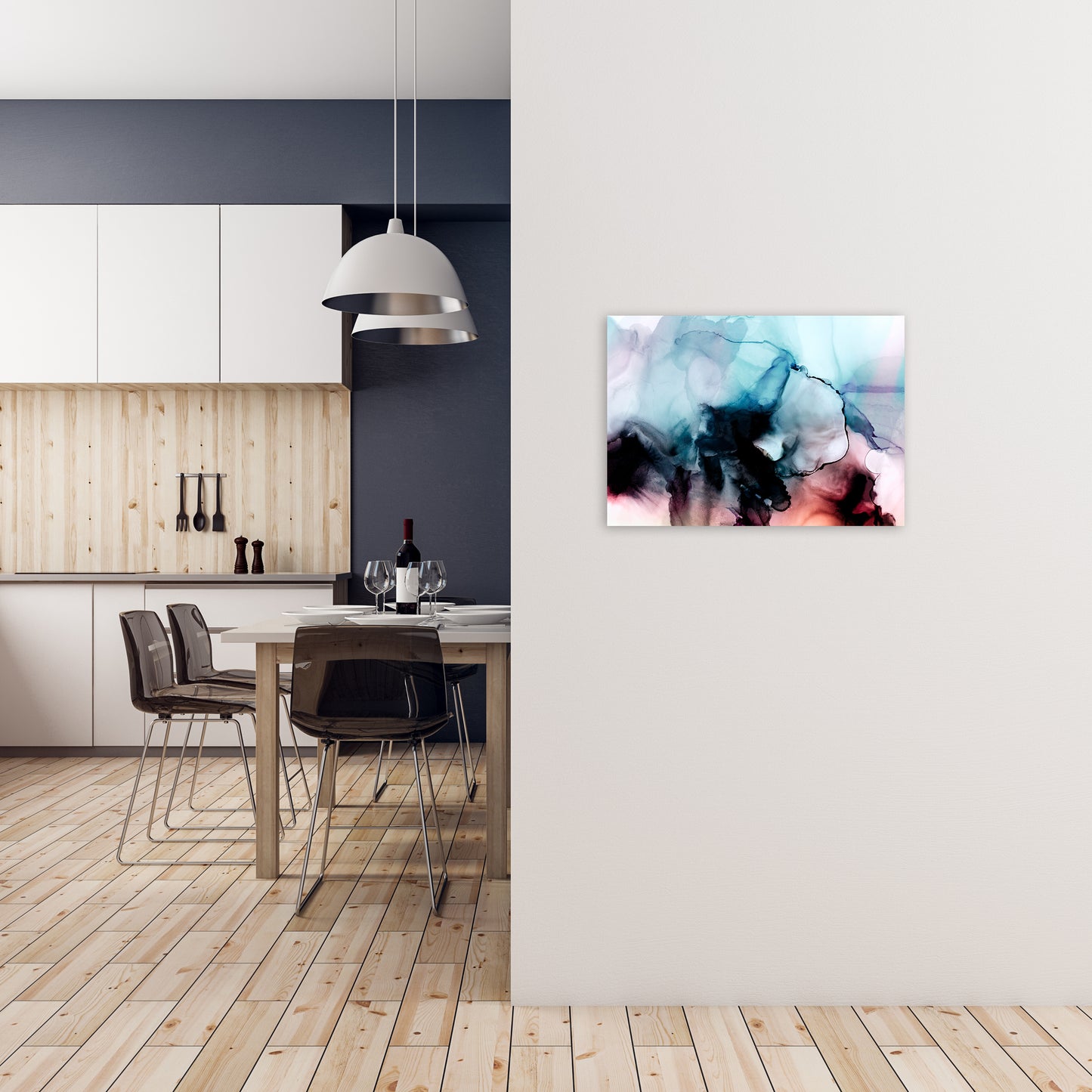 Abstract Watercolor Blue Pink Original A2 Black Frame