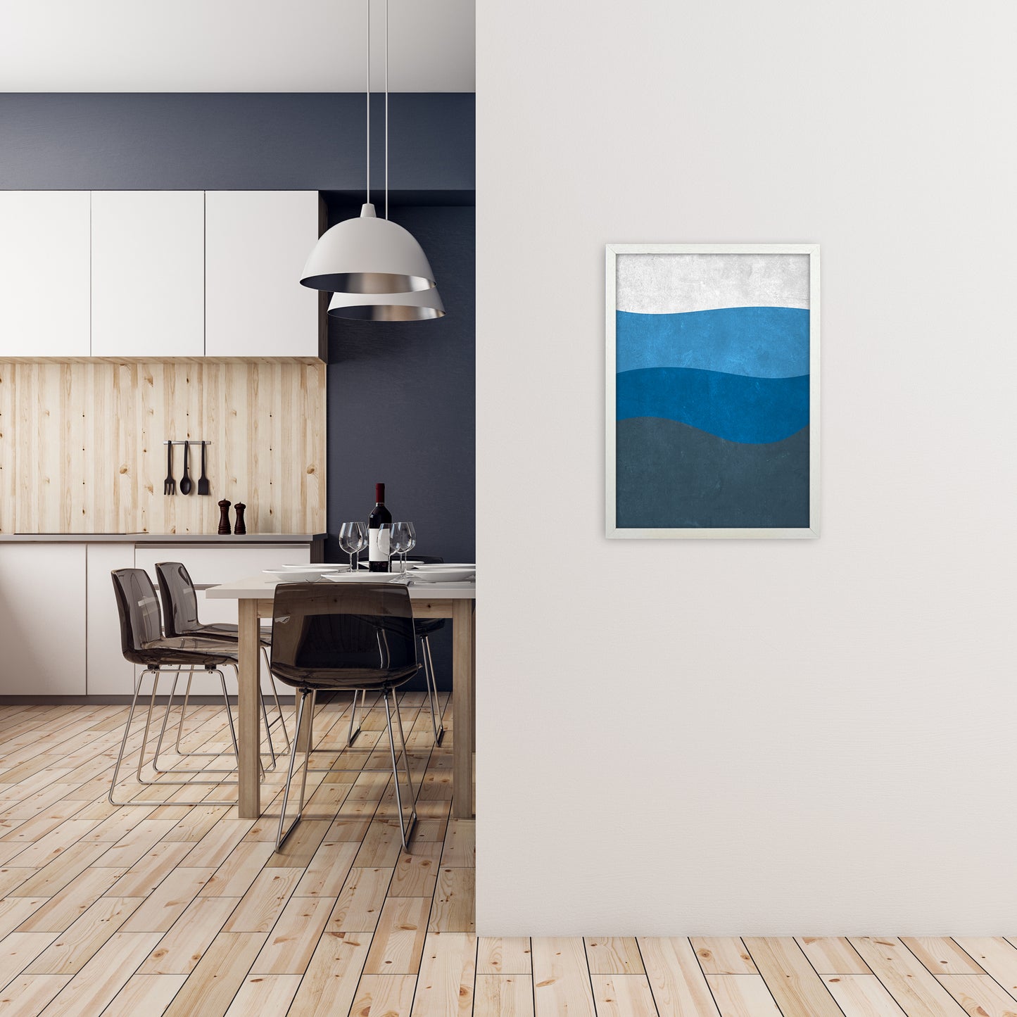Abstract Blue Seascape Grunge A2 Oak Frame
