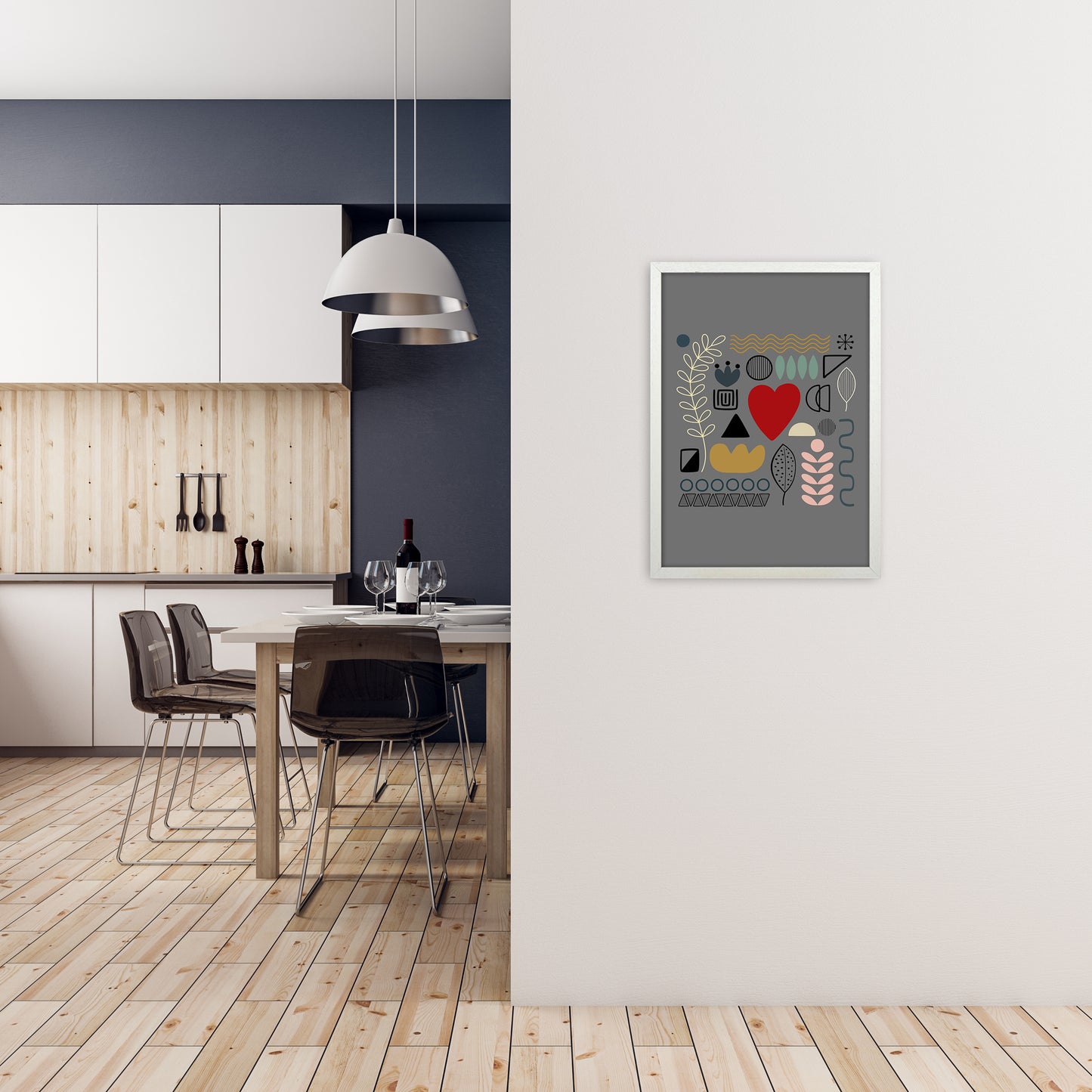 Scandnavian Shapes on Grey Original A2 Oak Frame