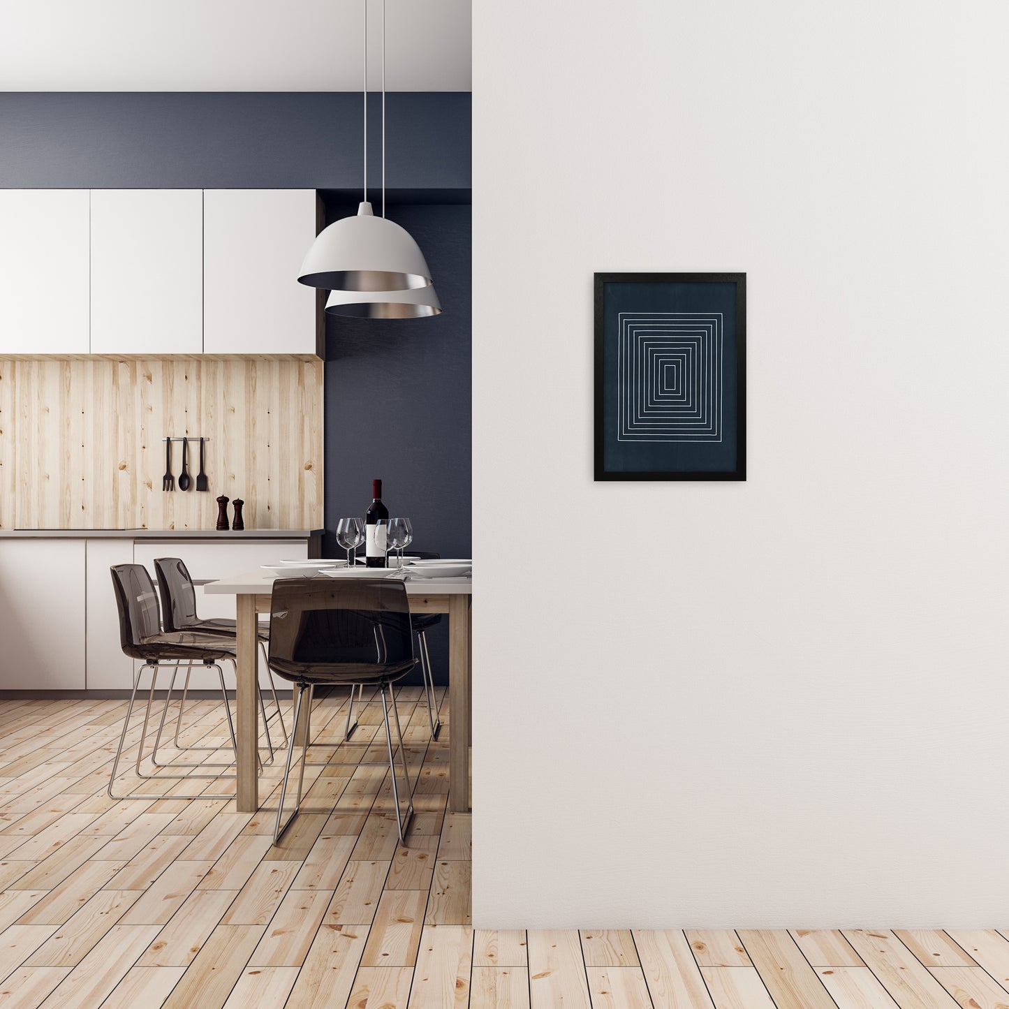 Lino Style Blue Geometric Squares A3 White Frame