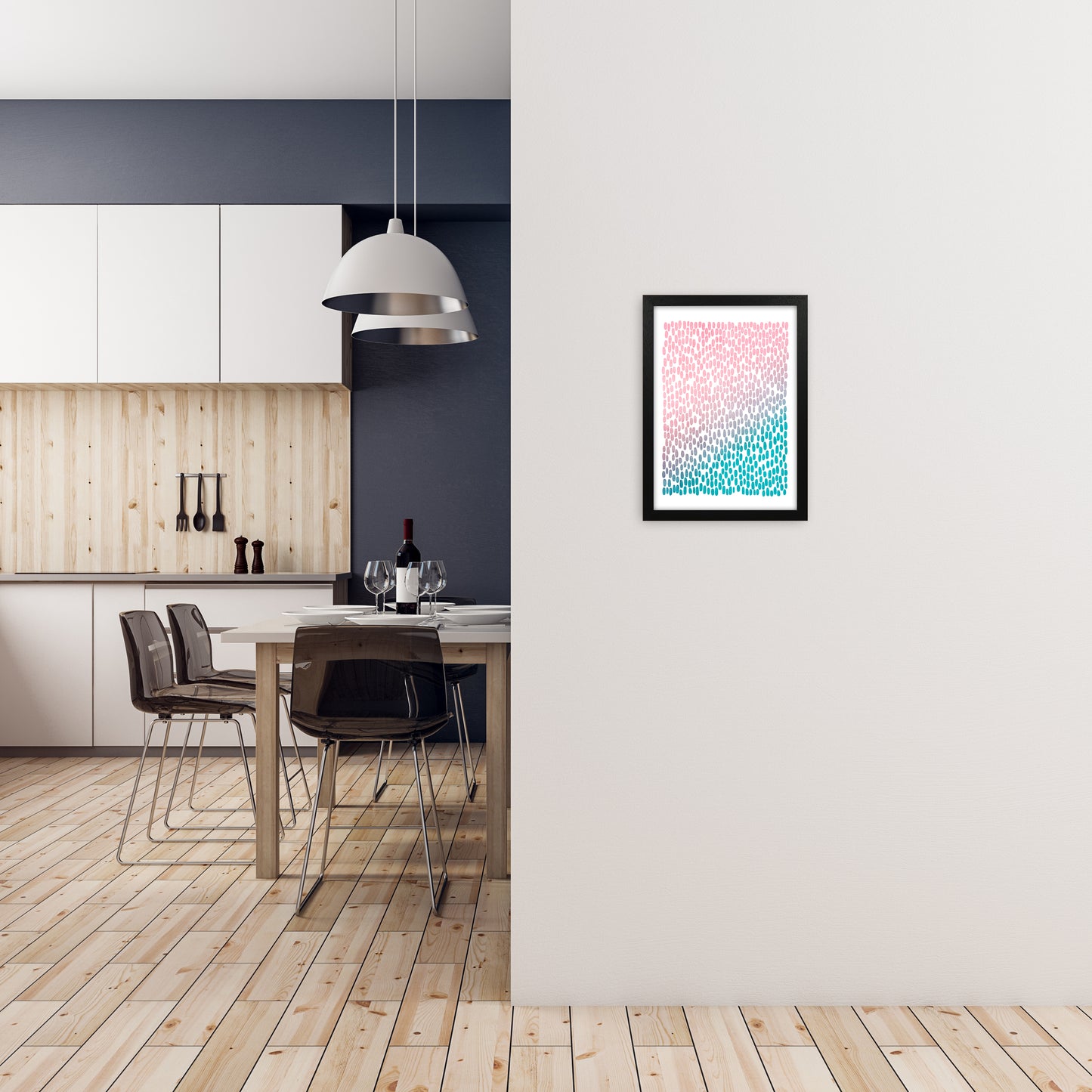 Pink and Blue Abstract Dots A3 White Frame