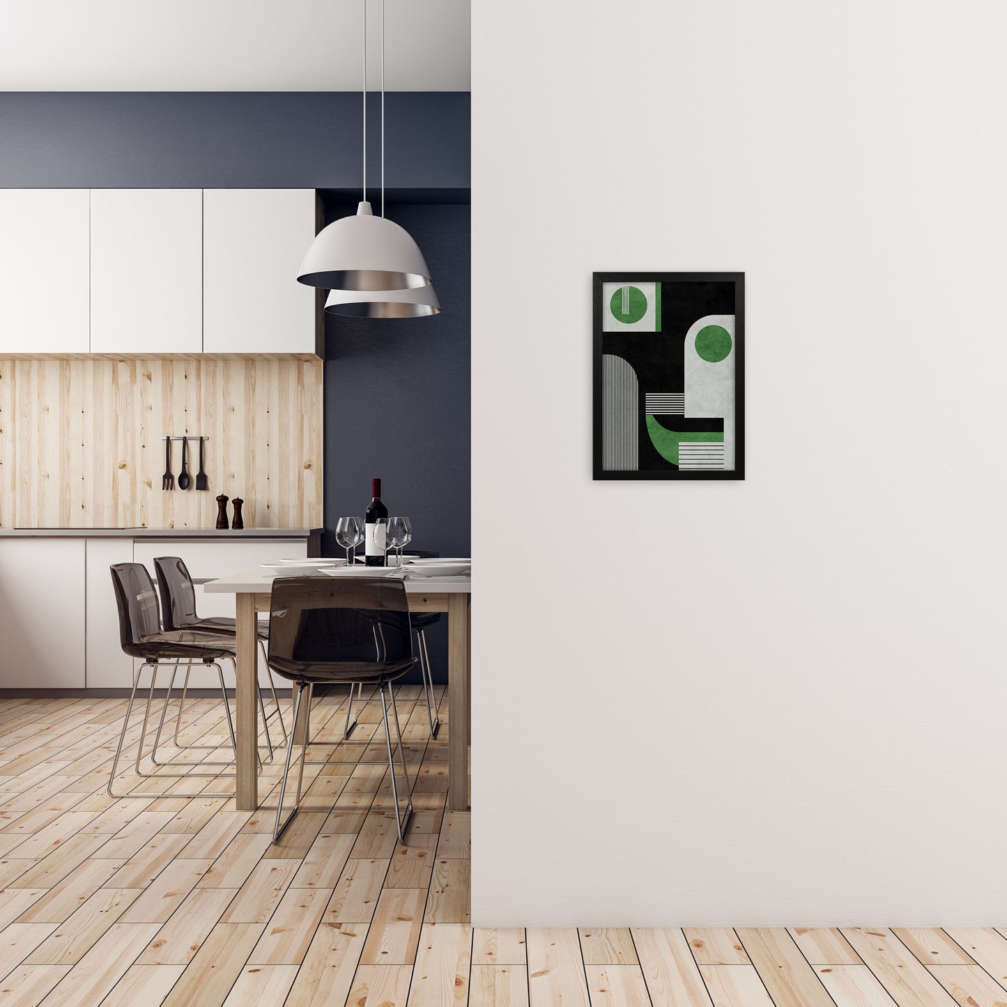 Mid Century Green Black Block Prints Set of 2 B A3 White Frame