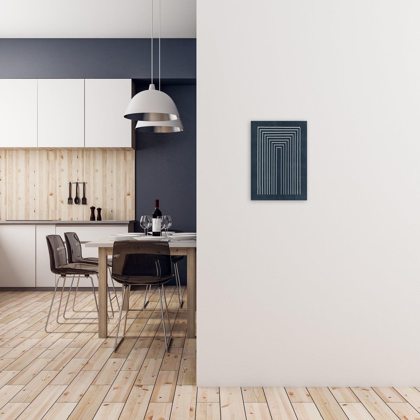 Lino Style Blue Geometric Lines A3 Black Frame
